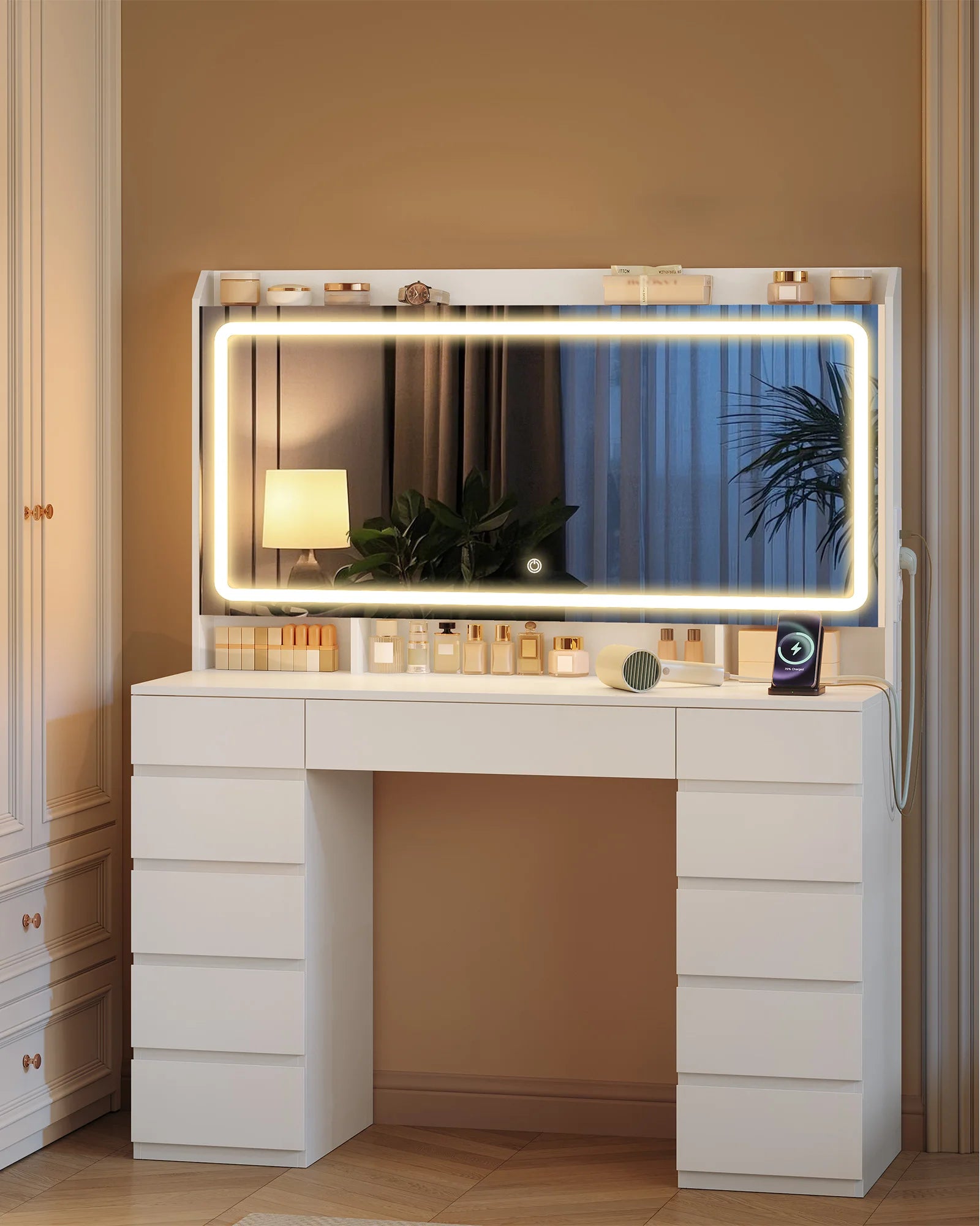 Grote Kaptafel met LED Spiegel en 11 Lades – Luxe Make‑uptafel met Verlichting & USB‑Poorten