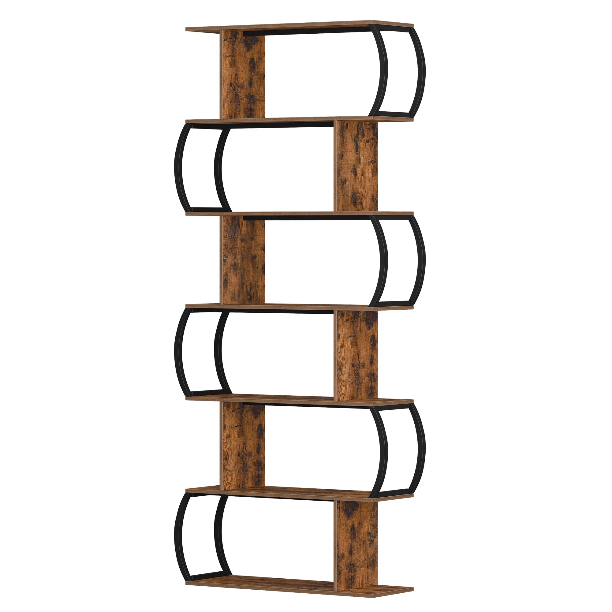 S-vormige Boekenkast 6 Niveaus – Industriële Open Kast van Hout en Metaal – Moderne Opbergkast & Roomdivider