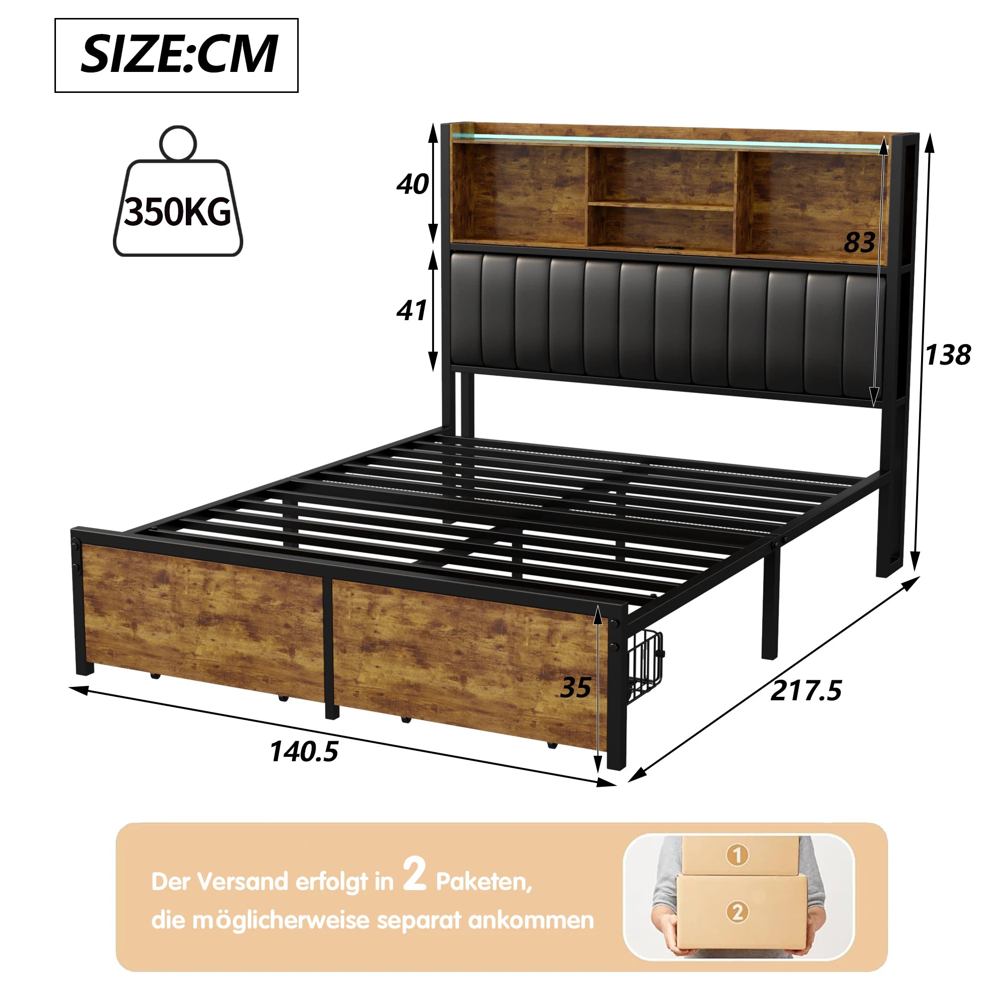 Bedframe 140–180x200 cm Zwart met LED‑verlichting en USB‑poorten – Gestoffeerd Opbergbed