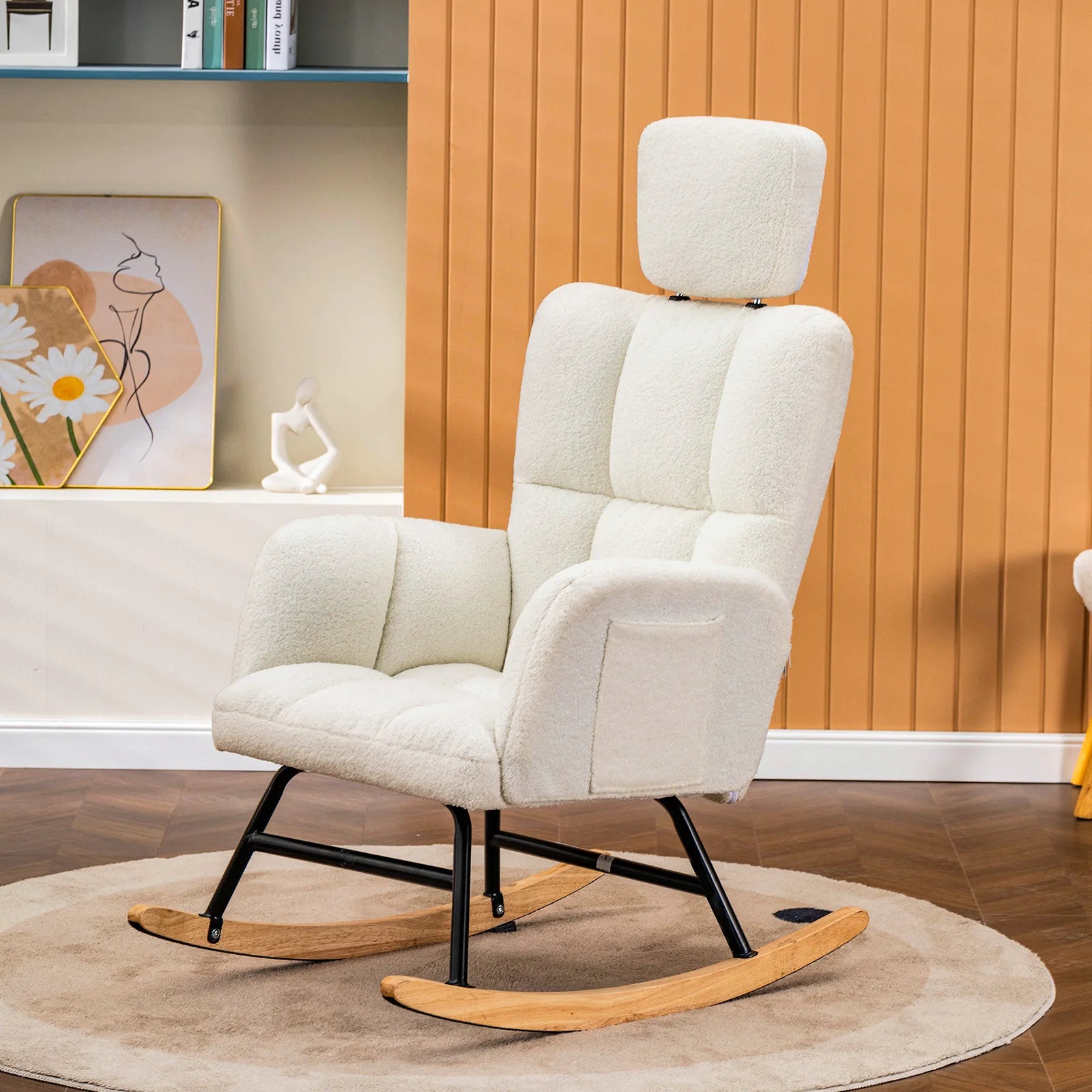 Schommelstoel Teddy – Rocking Chair met Armleuningen en Hoofdsteun – Zachte Fauteuil Beige