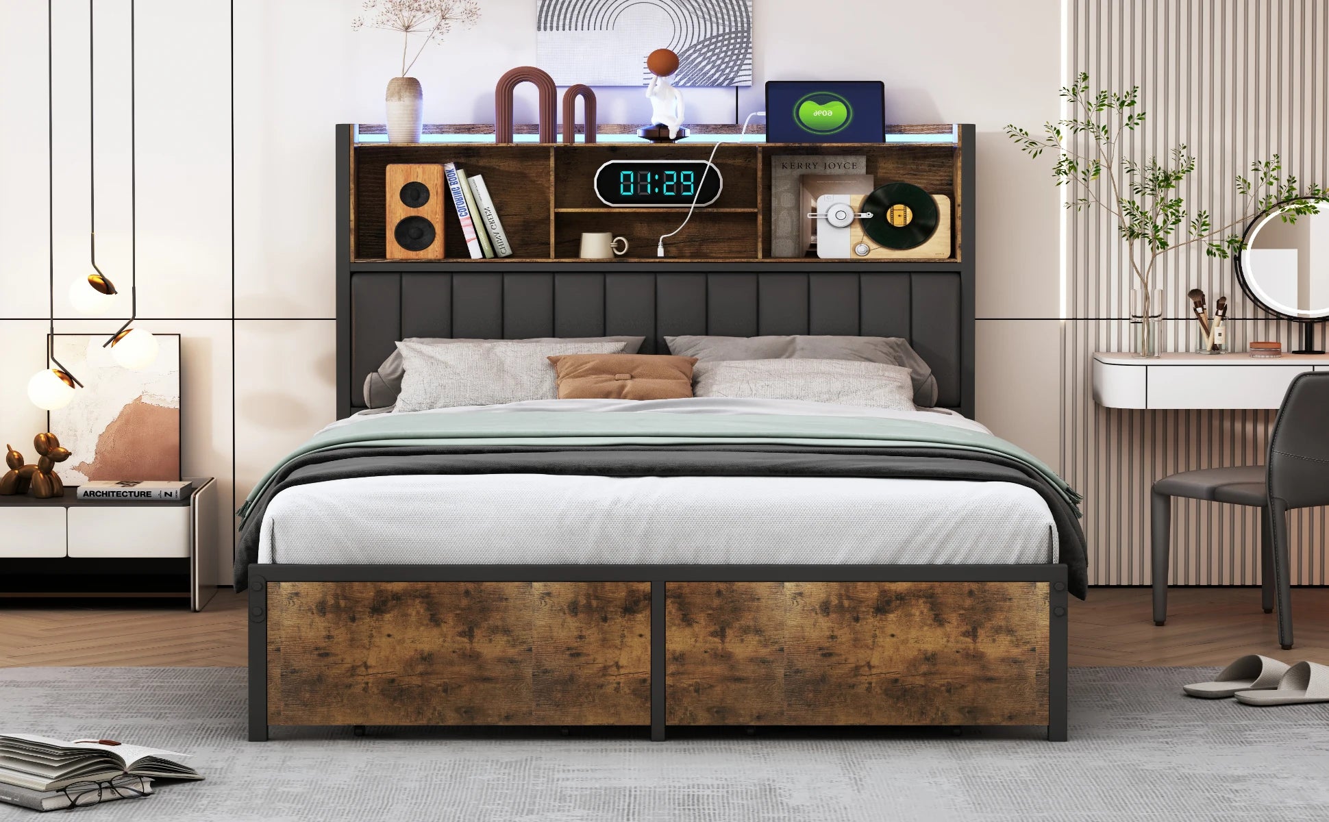 Bedframe 140–180x200 cm Zwart met LED‑verlichting en USB‑poorten – Gestoffeerd Opbergbed