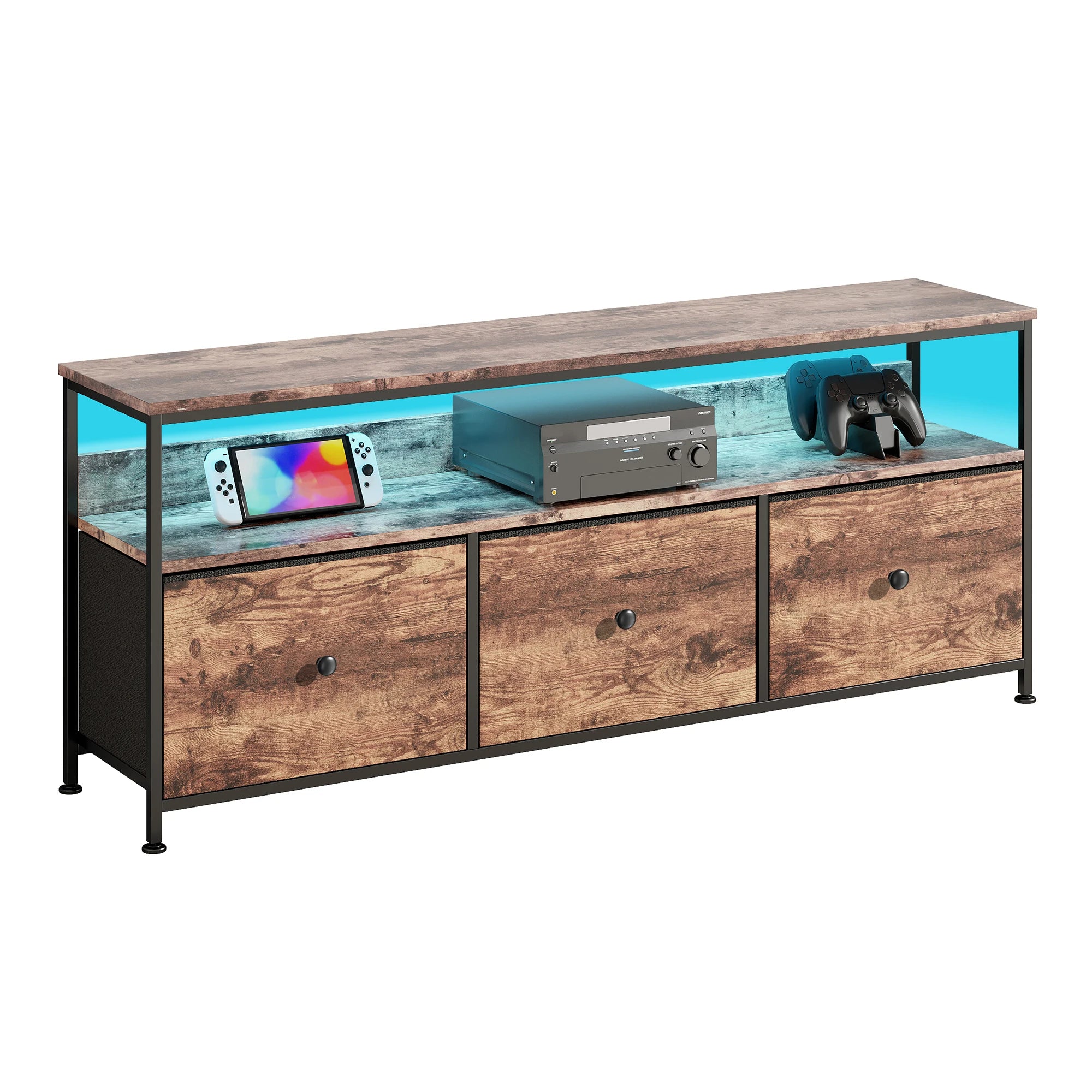 Vintage LED TV‑Meubel met 3 Stoffen Lades – Industrieel & Retro Design