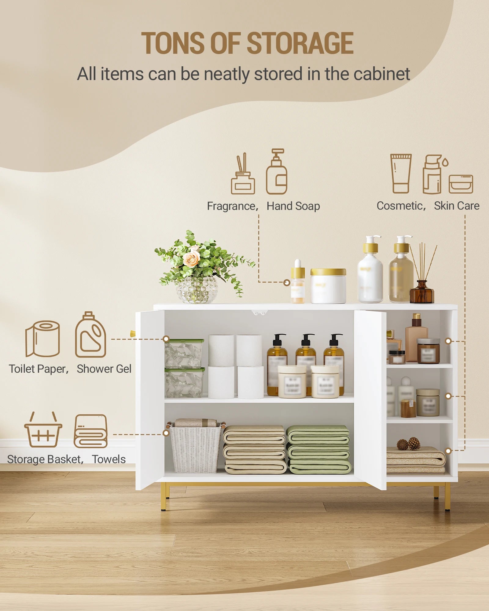 Badkamerkast met Deuren en Open Vakken – Moderne Witte Opbergkast met Verstelbare Plank en Gouden Poten – Multifunctionele Kast voor Badkamer, Woonkamer of Hal