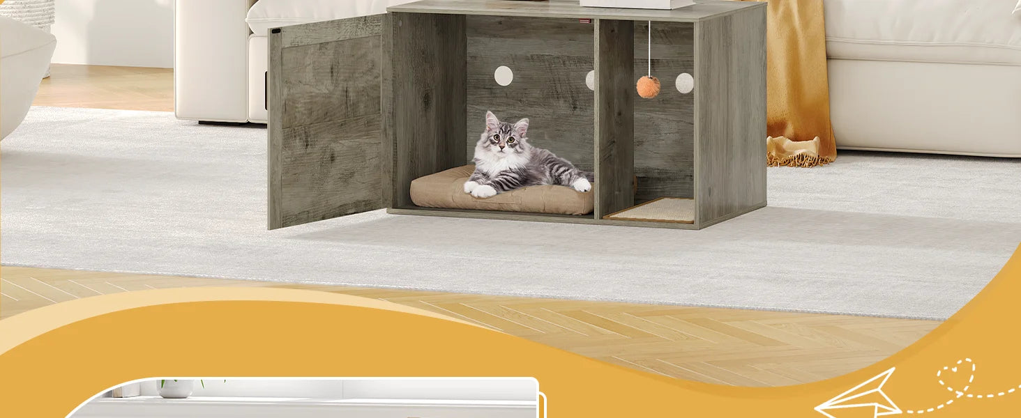 Grijze Kattenkast met Rieten Deur – Verborgen Kattenbak & Stijlvol Kattenhuis met Opbergruimte