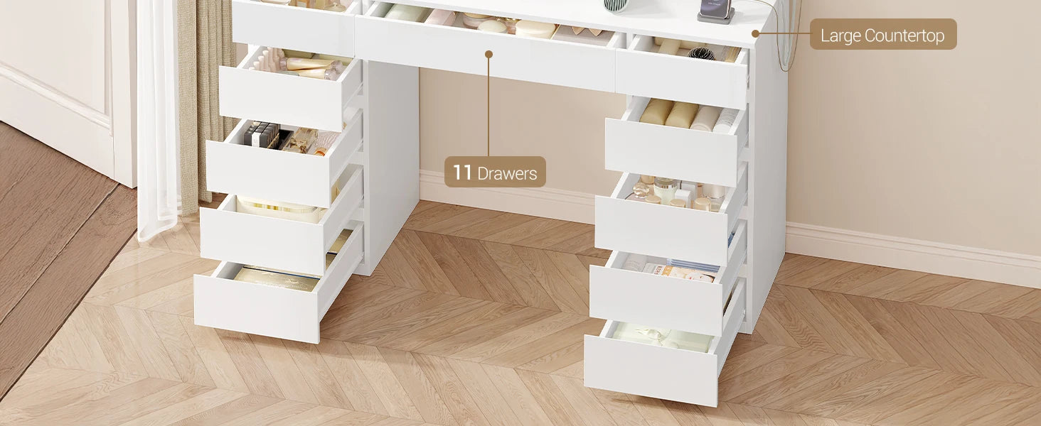 Grote Kaptafel met LED Spiegel en 11 Lades – Luxe Make‑uptafel met Verlichting & USB‑Poorten