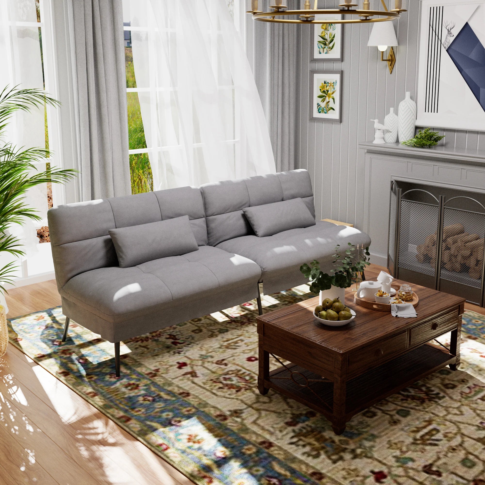 3-Zits Opvouwbare Slaapbank – Futon Hoekbank met Verstelbare Rugleuning – Grijs Stoffen Sofa Bed