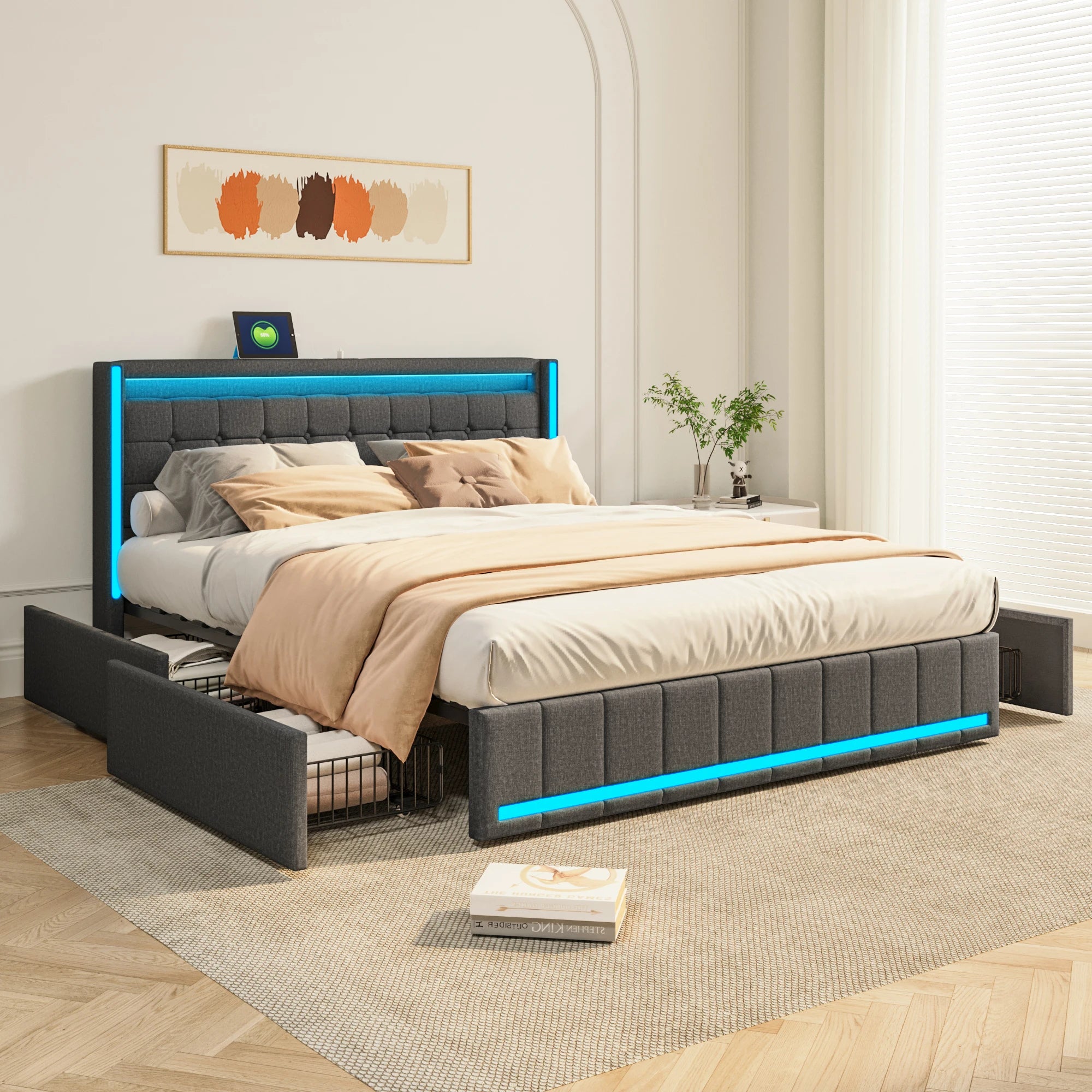 Linnen Bed 140-160x200 cm met Opberglades, LED Verlichting & USB Oplaadpoorten