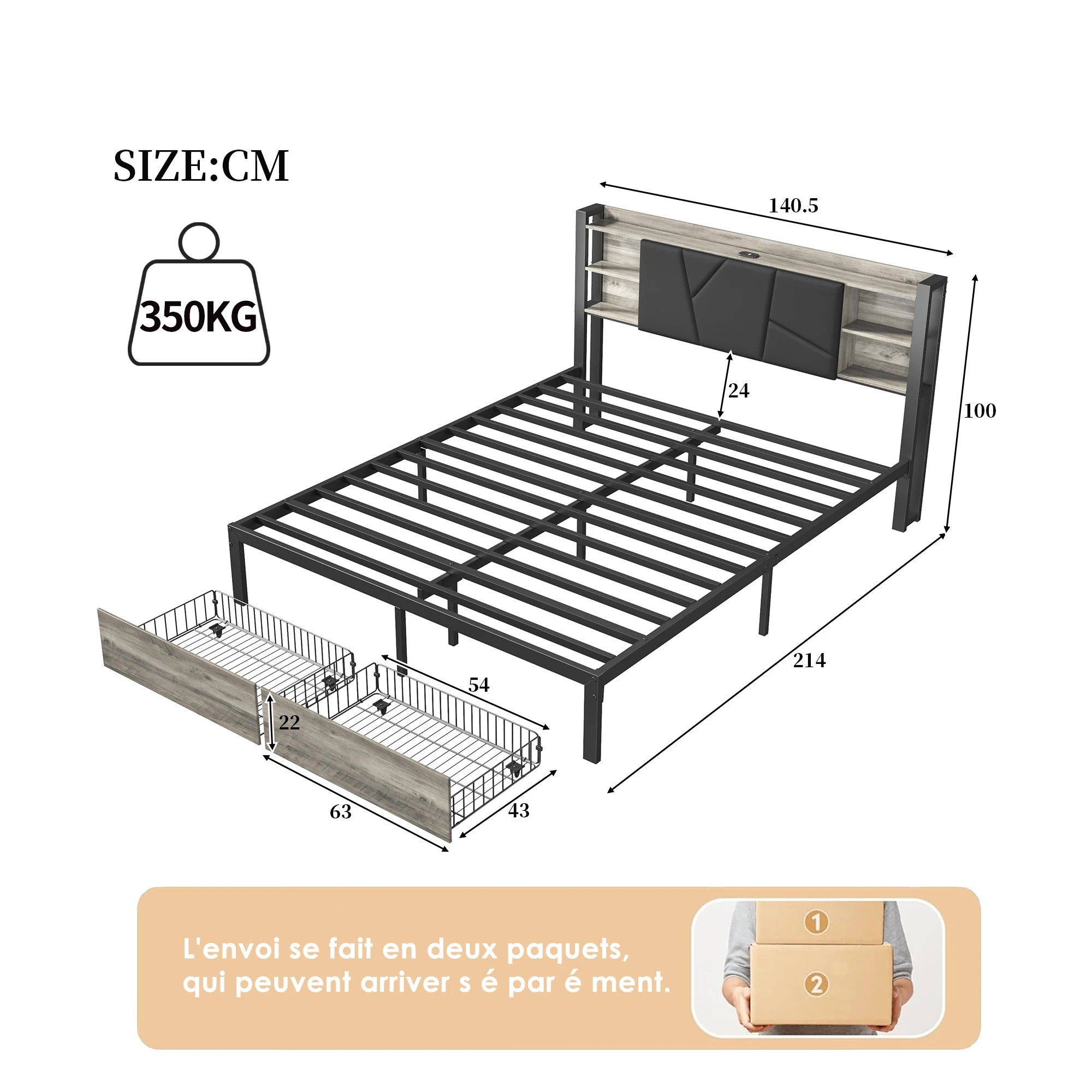 Gestoffeerd Tweepersoonsbed met Lade‑Opbergruimte, LED‑Verlichting en USB‑Oplaadpoort – 140/160/180 × 200 cm