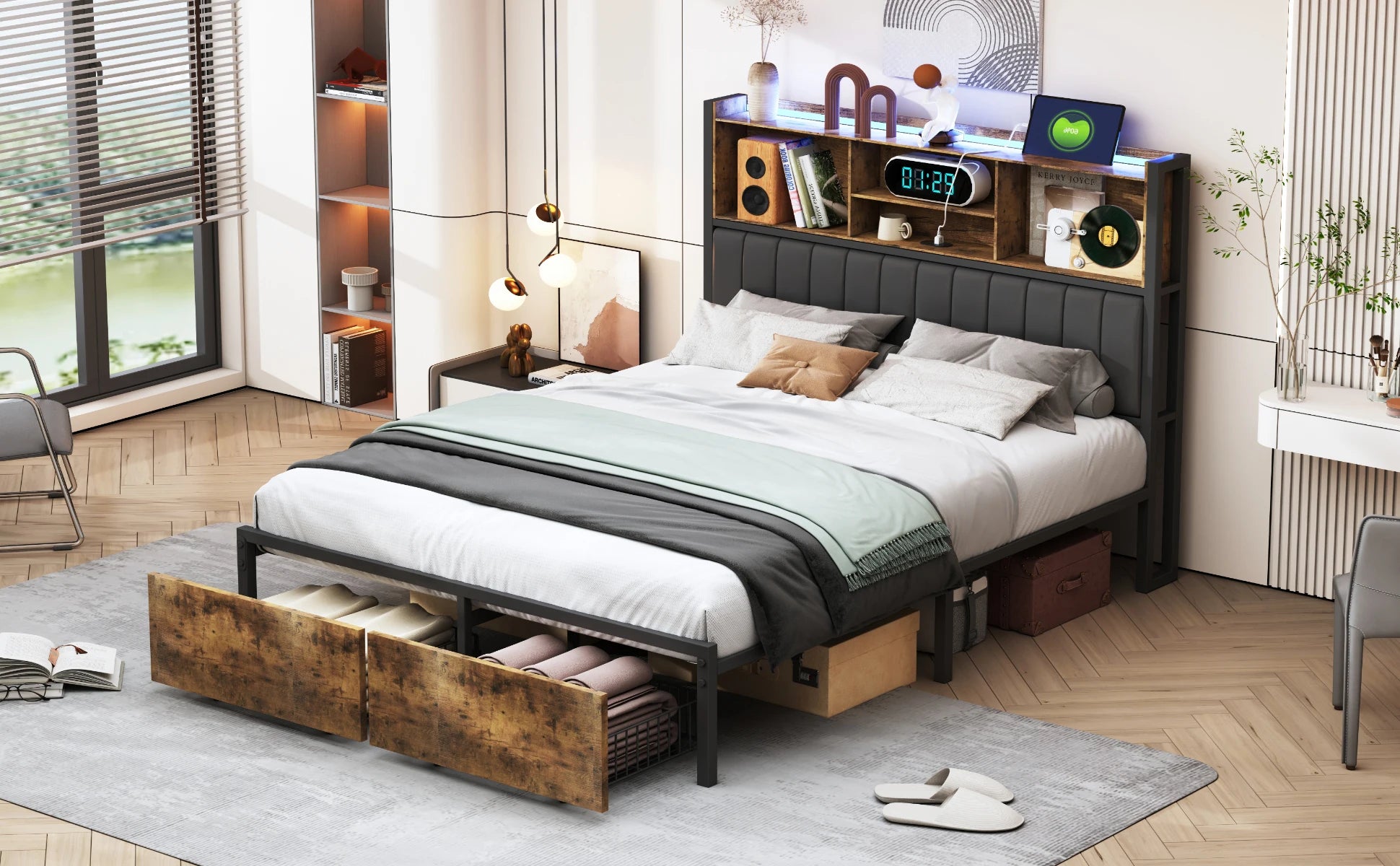 Bedframe 140–180x200 cm Zwart met LED‑verlichting en USB‑poorten – Gestoffeerd Opbergbed