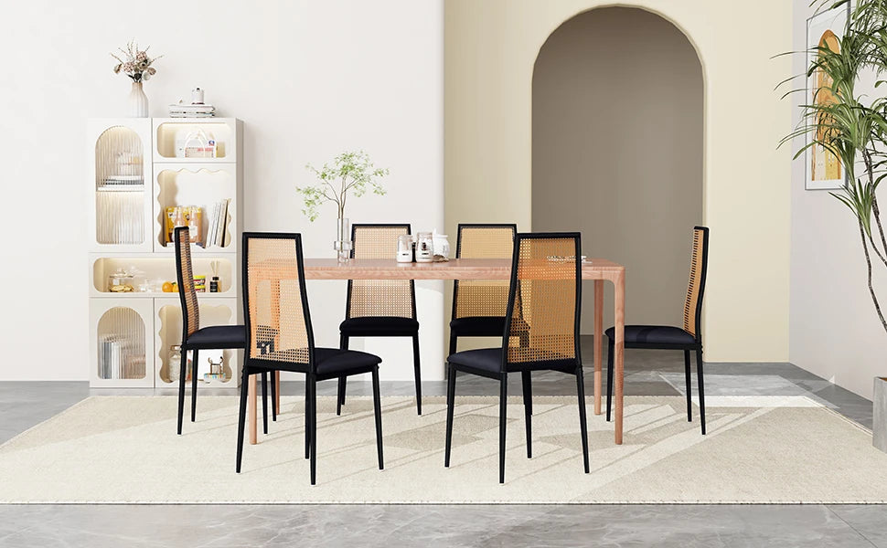 Retro Eetkamerstoelen Set van 2 met Rieten Rugleuning – Comfortabele Gestoffeerde Zitting, Stevig IJzeren Frame, Antislipvoetjes – Voor Keuken, Eetkamer & Terras