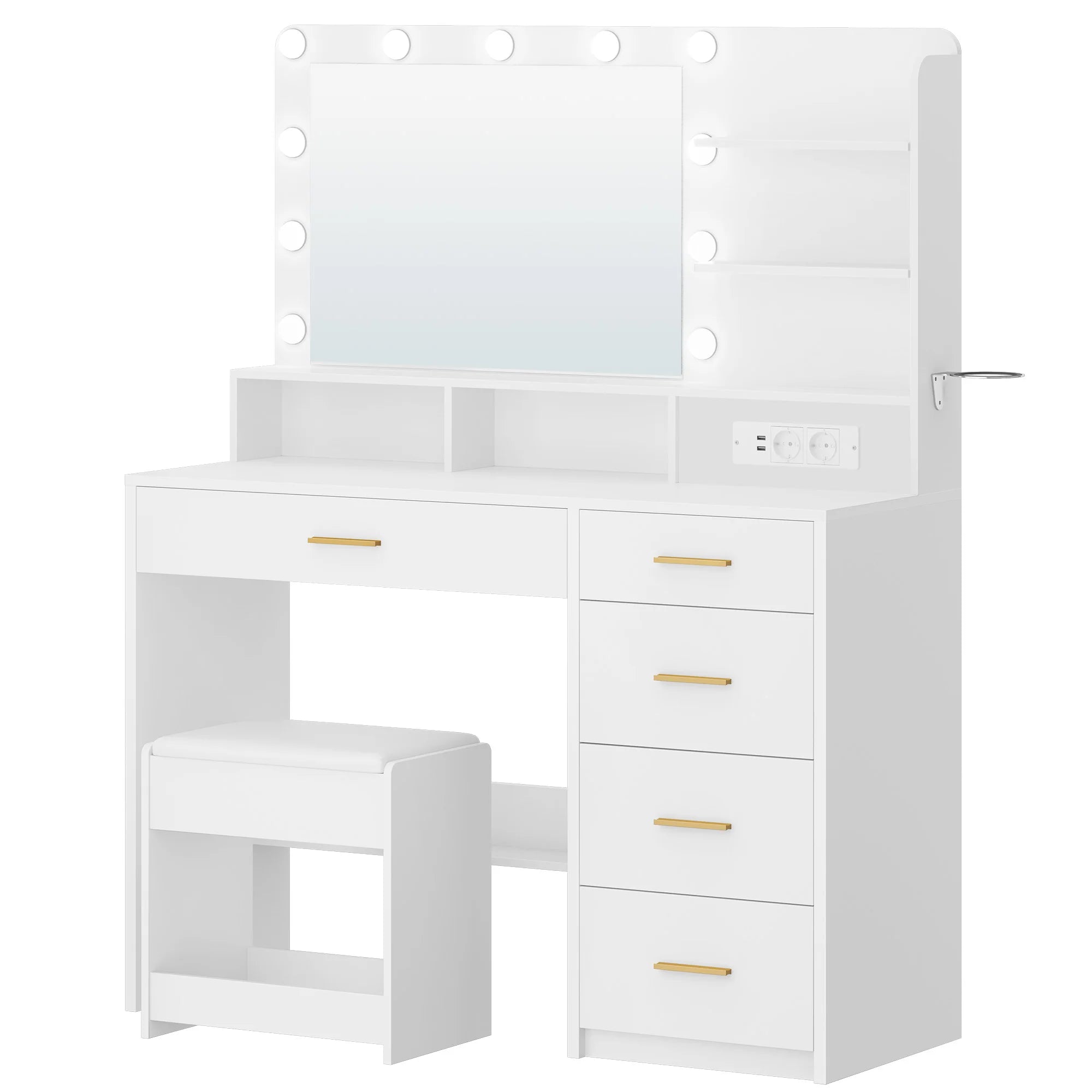 Grote Make‑up Tafel met LED Spiegel, Kruk en Oplaadstation – Moderne Schoonheidstafel voor Slaapkamer