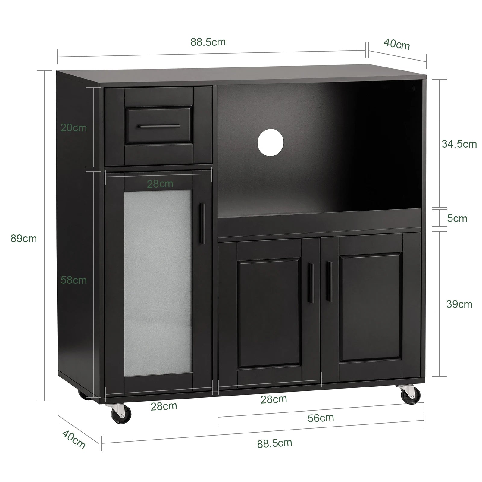Verplaatsbare Keukentrolley met Wieltjes – Dressoir met Magnetronkast & Lade – Wit MDF Keukenkastje