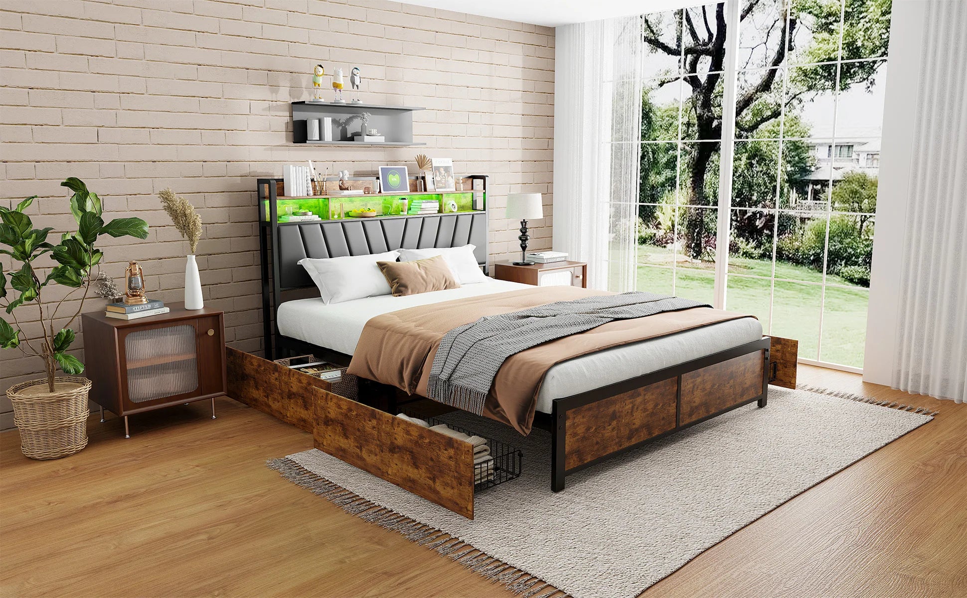 Tweepersoonsbedframe met LED‑verlichting en opbergruimte – 140‑180×200 cm