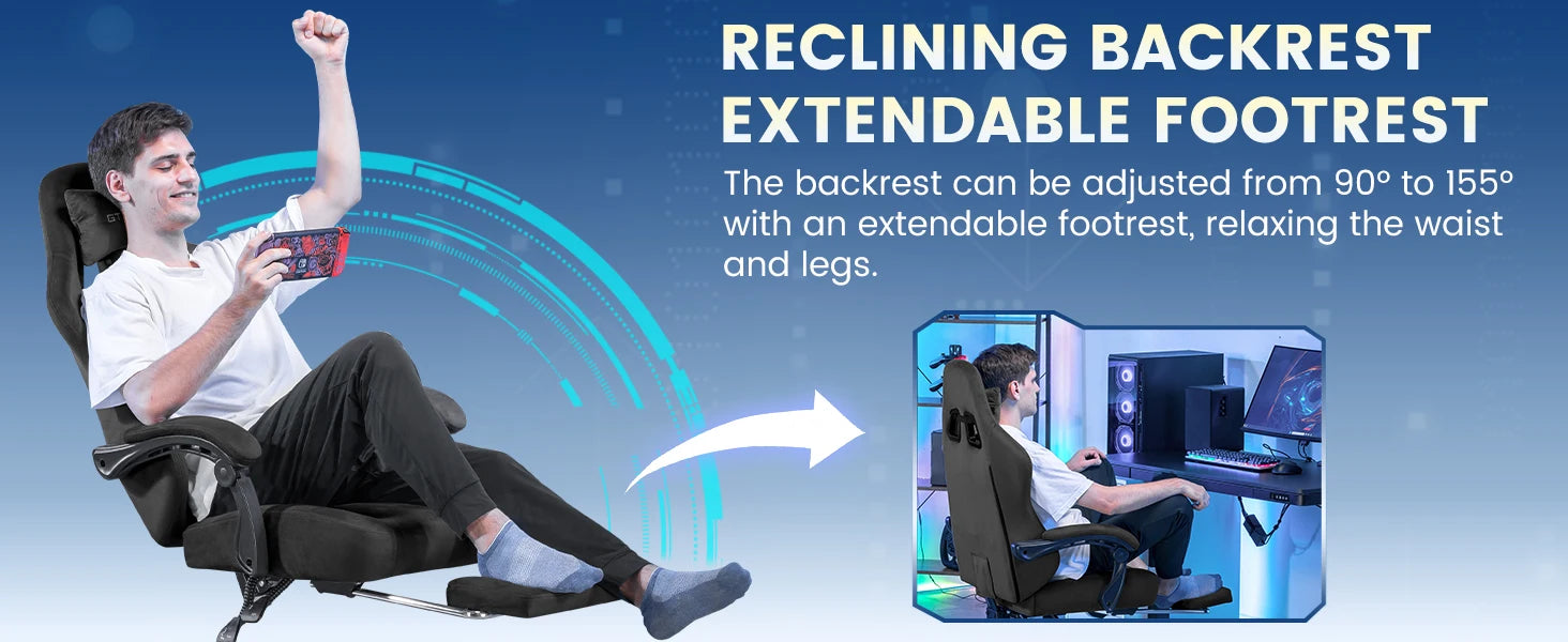 Ergonomische Gaming Stoel met Voetsteun en 150° Verstelbare Rugleuning – Ademend Stoffen Bureaustoel voor Gaming & Kantoor