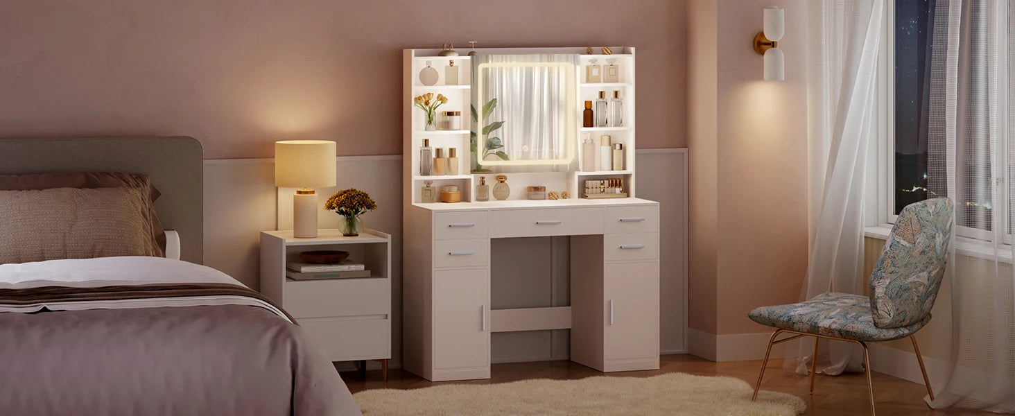 Kaptafel met Spiegel – Moderne Make‑Up Tafel met 5 Laden, 2 Kastjes & 9 Open Vakken