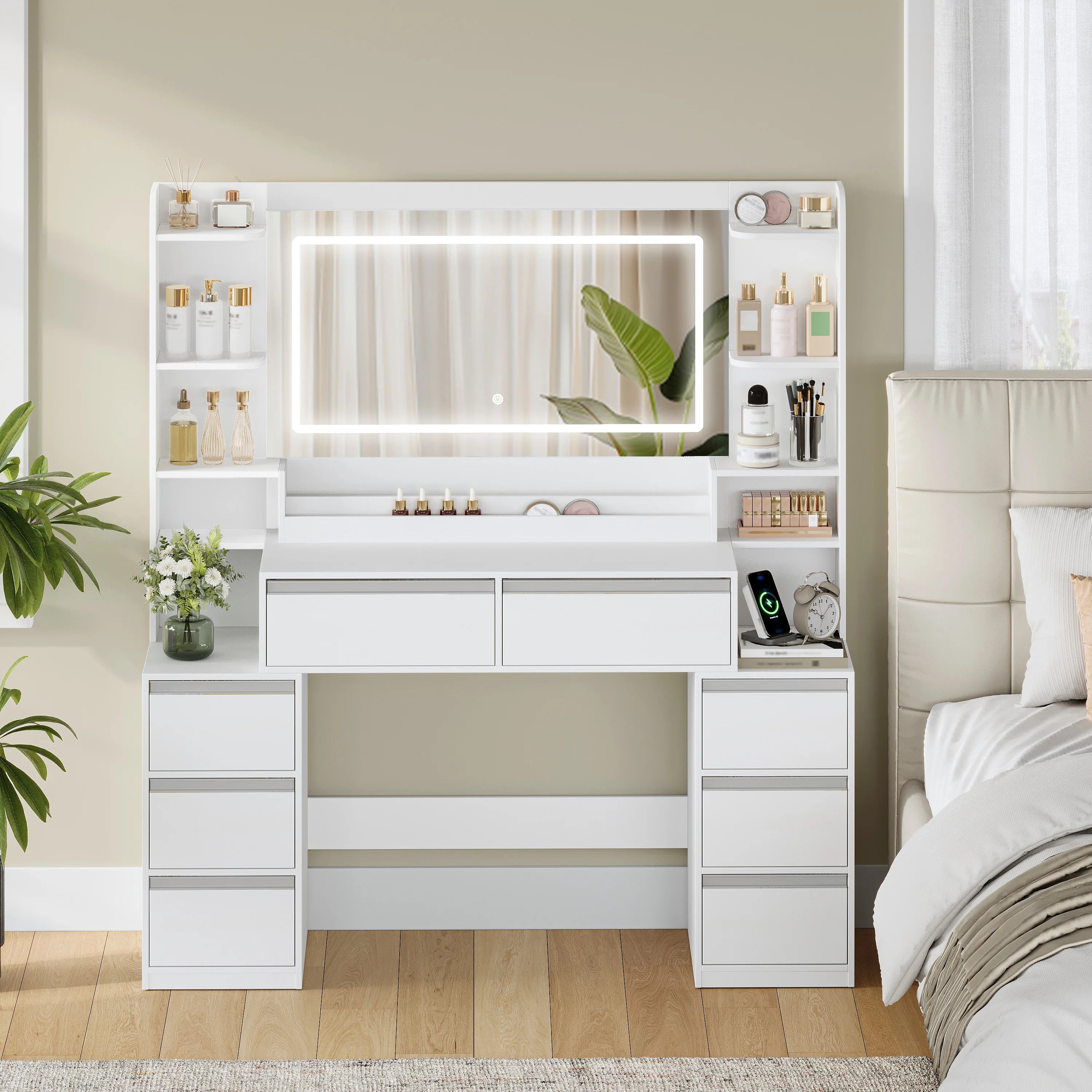 Kaptafel met Grote Spiegel en 8 Laden – Moderne Witte Make-up Tafel met Opbergruimte en Föhnhouder
