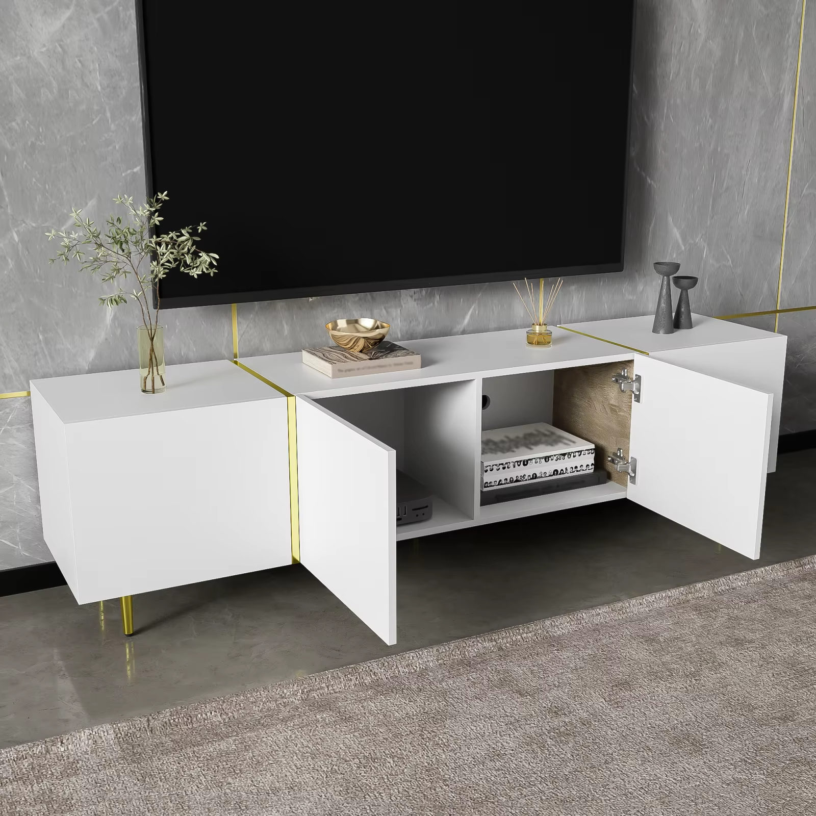TV-Meubel Zwart Hoogglans met 4 Deuren – Moderne TV Kast met Opbergruimte en Gouden Accenten