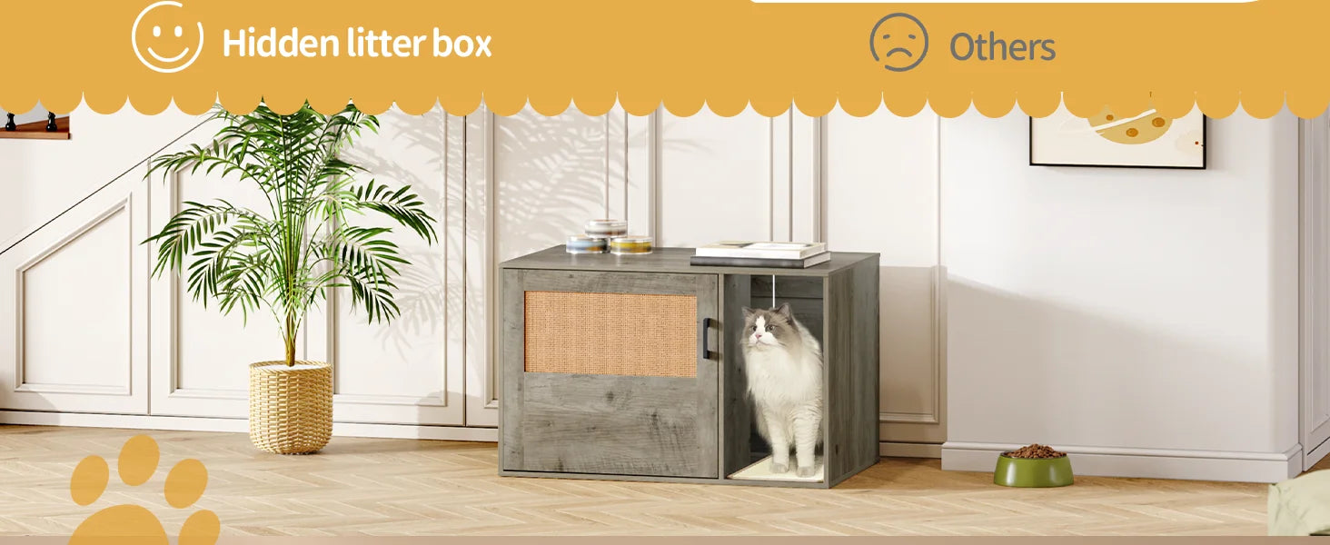 Grijze Kattenkast met Rieten Deur – Verborgen Kattenbak & Stijlvol Kattenhuis met Opbergruimte