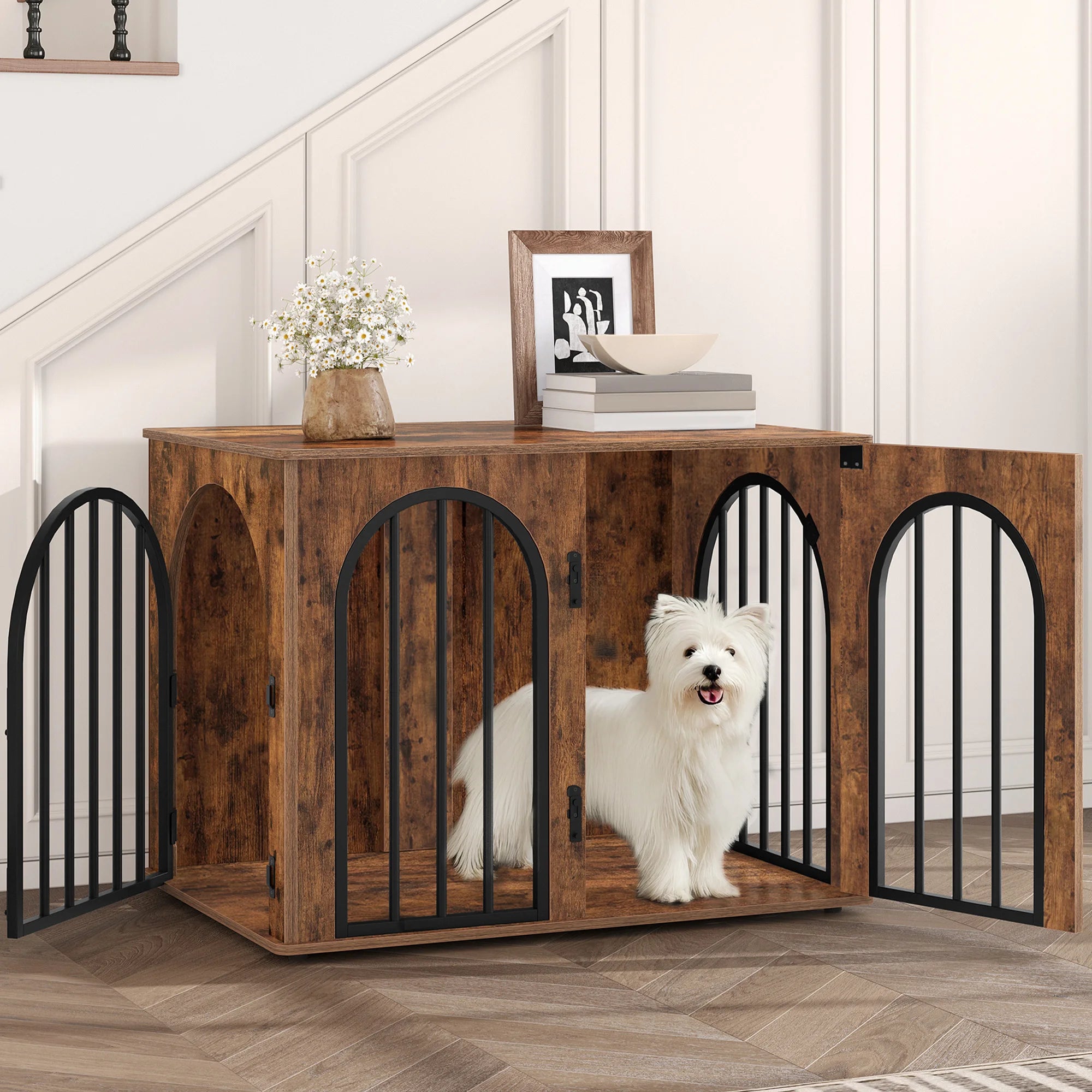 Houten Hondenbench Meubel 80 cm – Design Hondenkooi met 3 Deuren – Moderne Indoor Bench & Bijzettafel