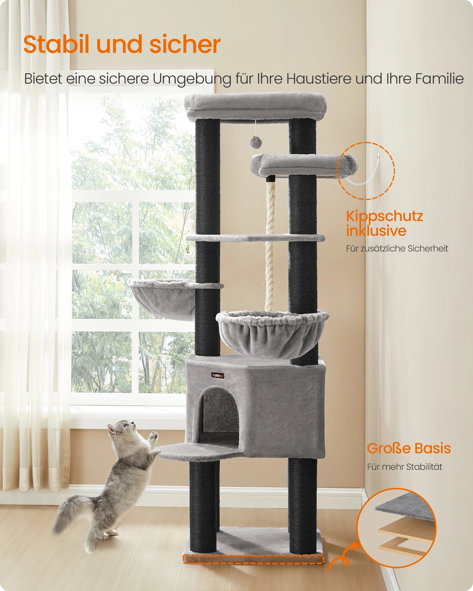 XXL Krabpaal Kattenboom 186 cm – Multi-Level Kattenkrabpaal met 13 Sisalpalen en Ligplatforms – Grijs