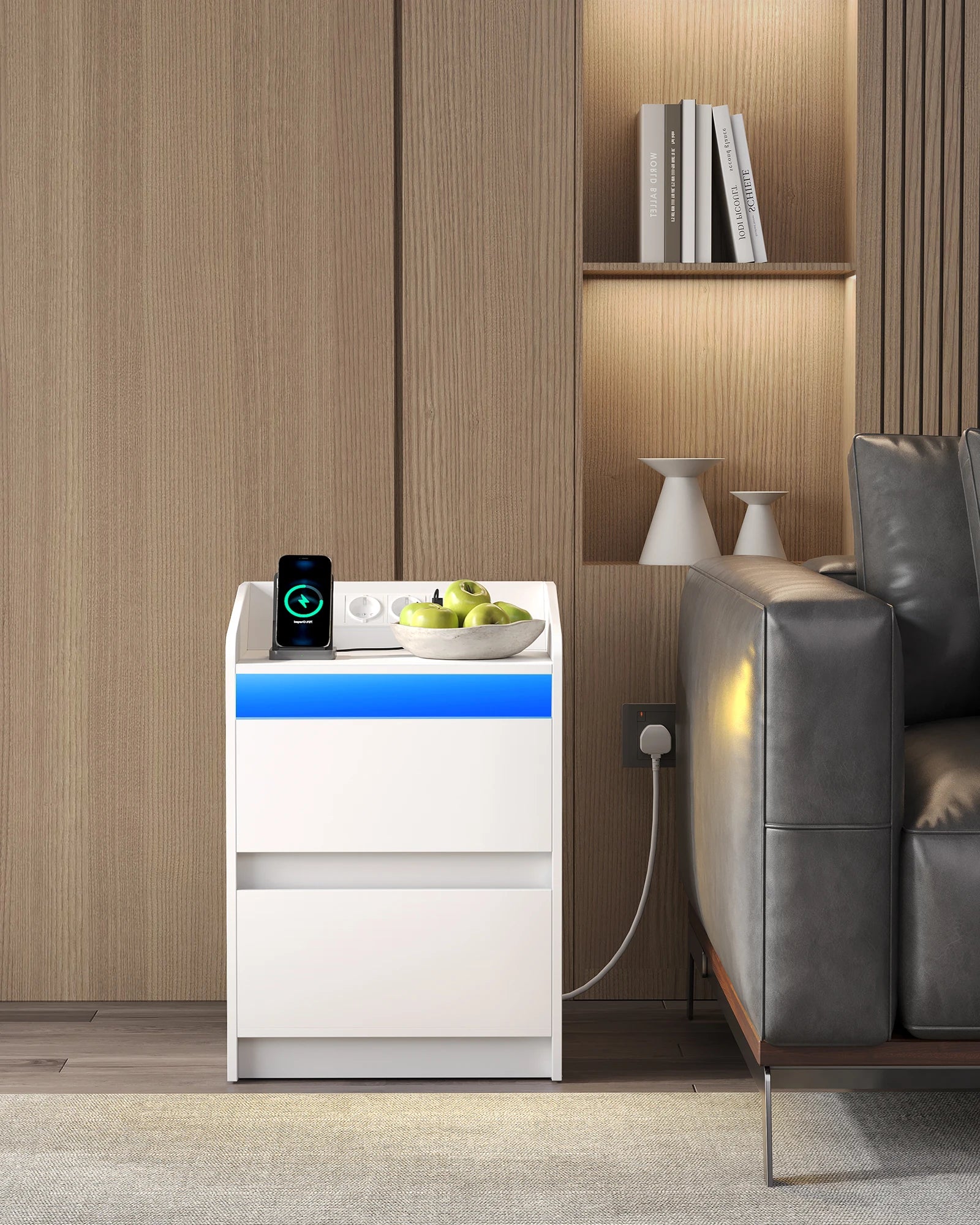 Nachtkastje met LED‑verlichting, Oplaadstation en 2 Lades – Modern Bedside Table
