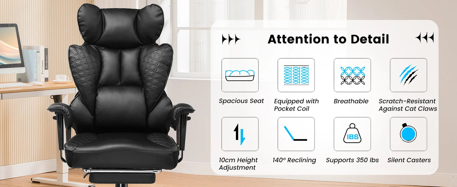 Ergonomische Gaming Chair & Bureaustoel – Verstelbare Armleuningen, Lendensteun, PU Leer – 150 kg
