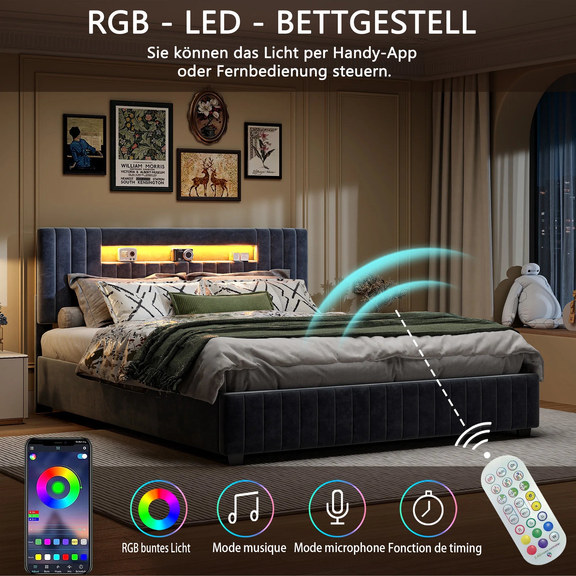 Gestoffeerd bed 140x200 cm met LED‑verlichting en hydraulische opbergruimte – modern en praktisch design