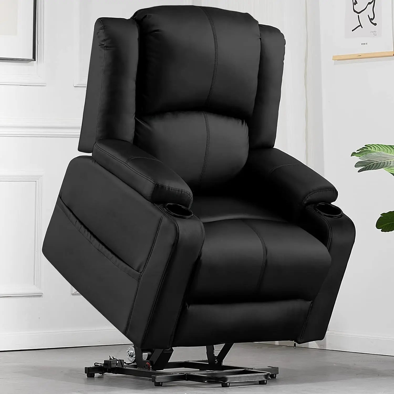 Elektrische Sta-op Relaxfauteuil met Massagefunctie – Verstelbare TV Stoel met Liftfunctie, Kunstleer & Bekerhouders