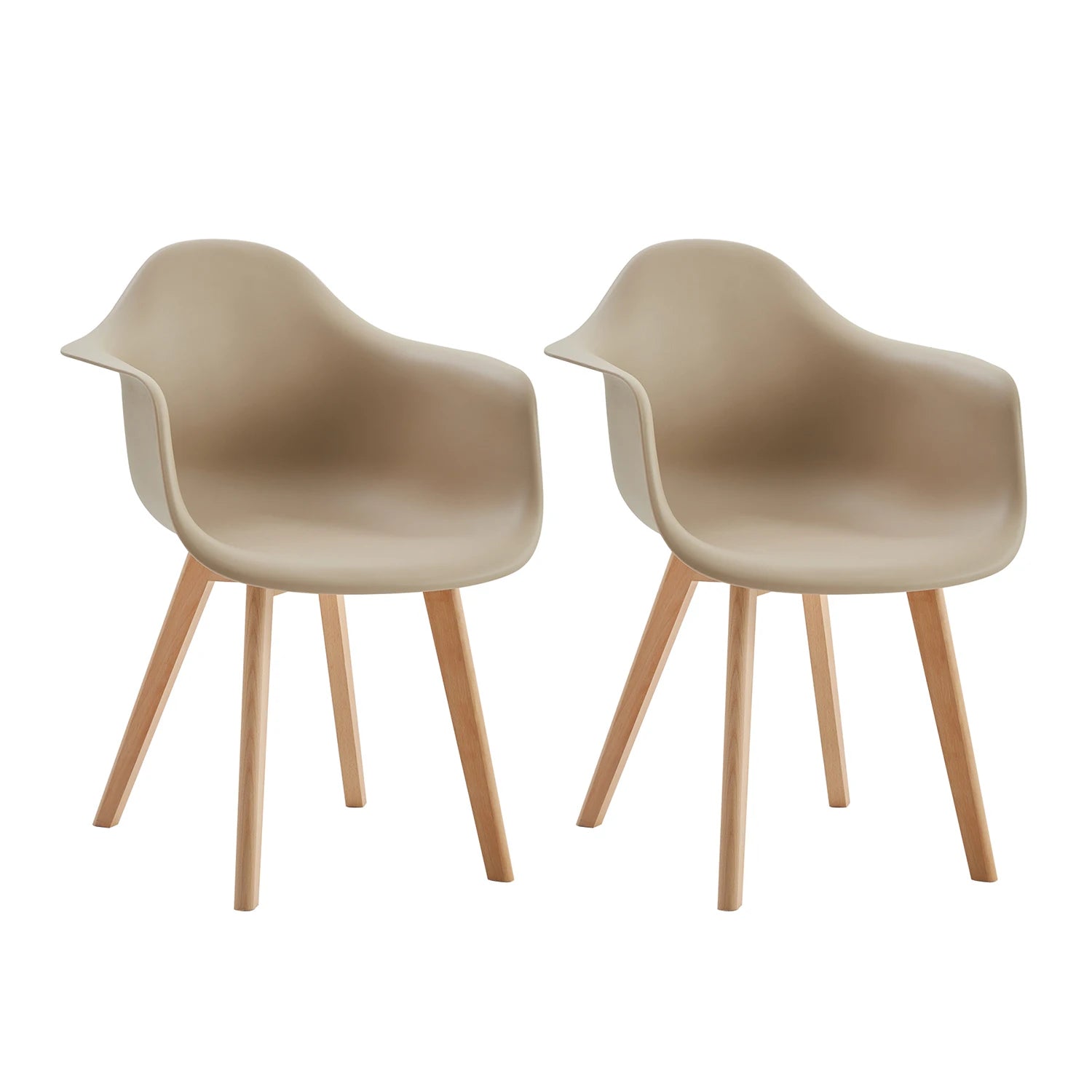 Set van 2 Retro Eetkamerstoelen met Armleuning – Scandinavische Design Stoelen met Beukenhouten Poten – Moderne Kunststof Kuipstoelen