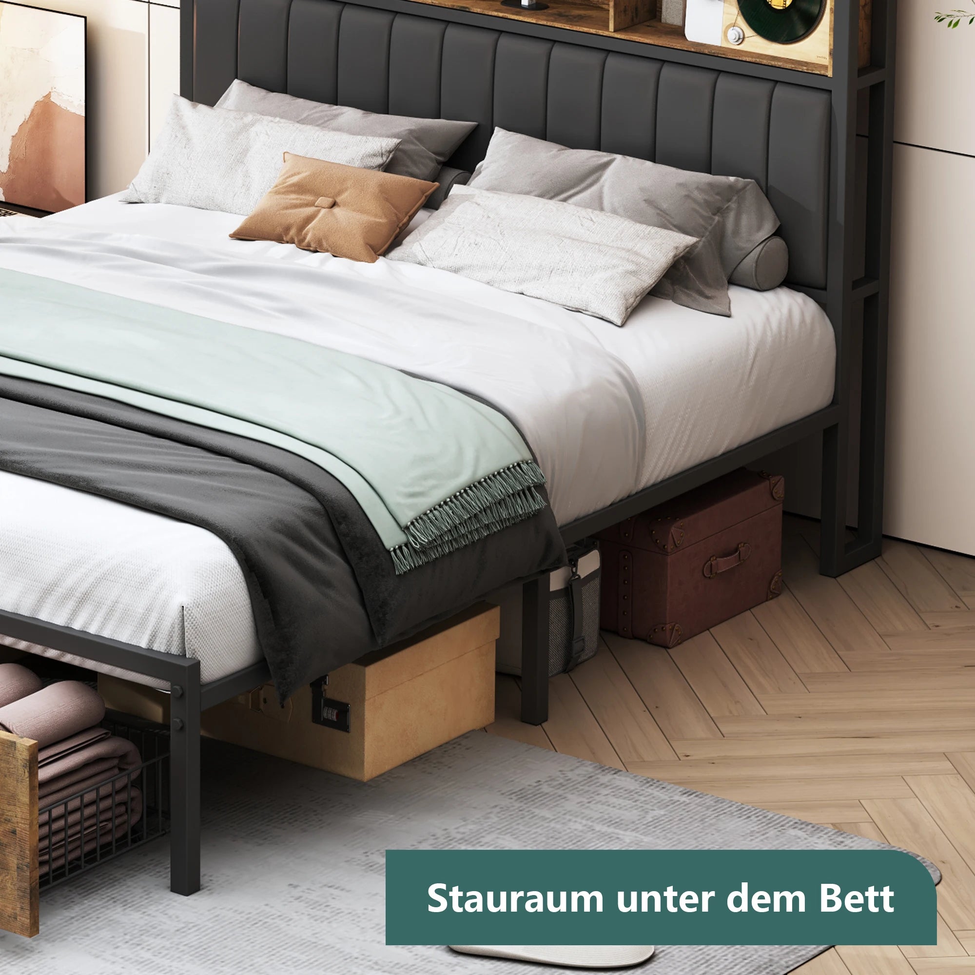 Bedframe 140–180x200 cm Zwart met LED‑verlichting en USB‑poorten – Gestoffeerd Opbergbed