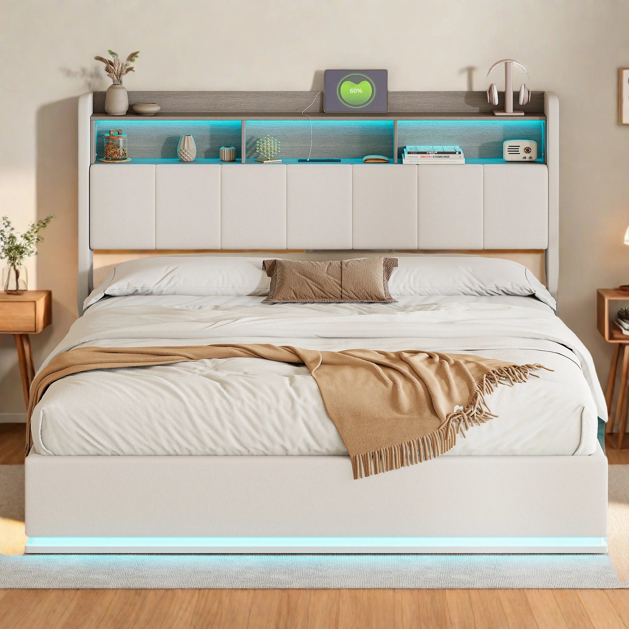Gestoffeerd bed 140x200 cm met LED‑verlichting en hydraulische opbergruimte – modern en praktisch design