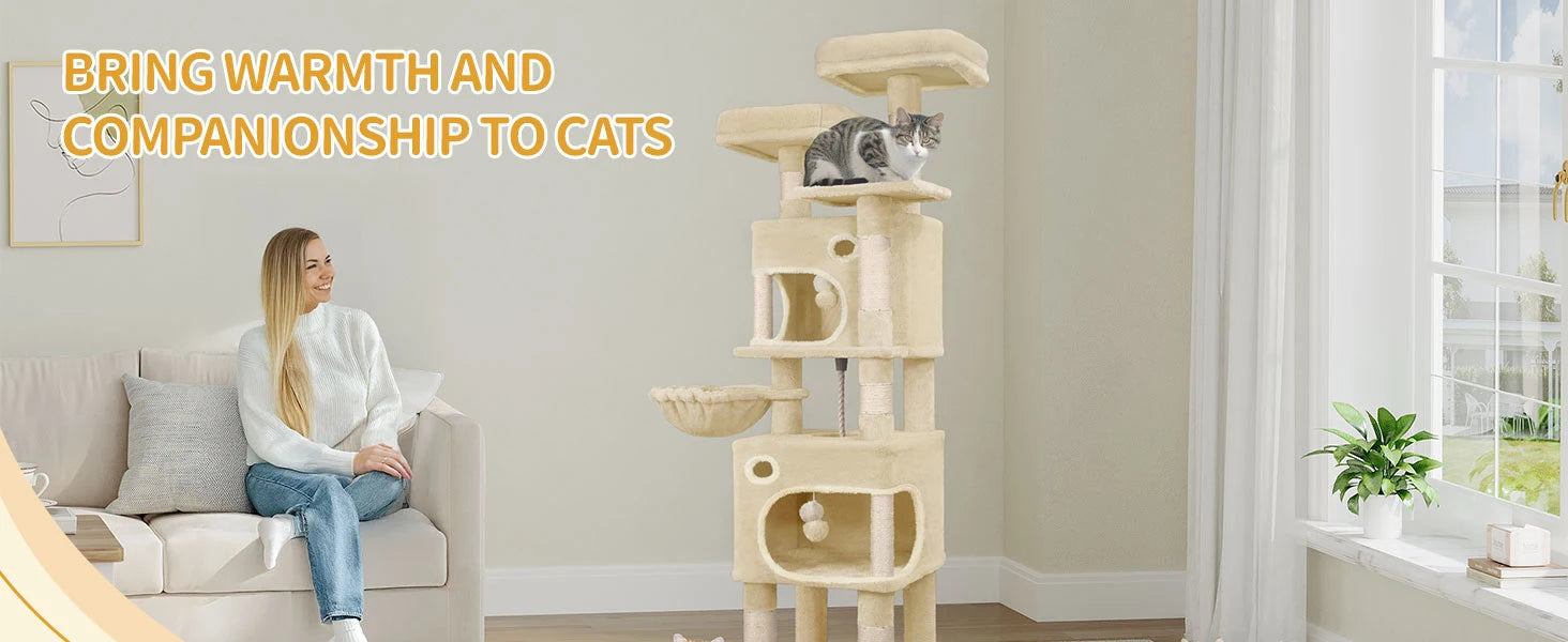 Kattenkrabpaal 159 cm met Meerdere Niveaus – Grote Kattenboom met 2 Huisjes, Platforms, Mand & Sisal Krabpalen voor Binnenkatten