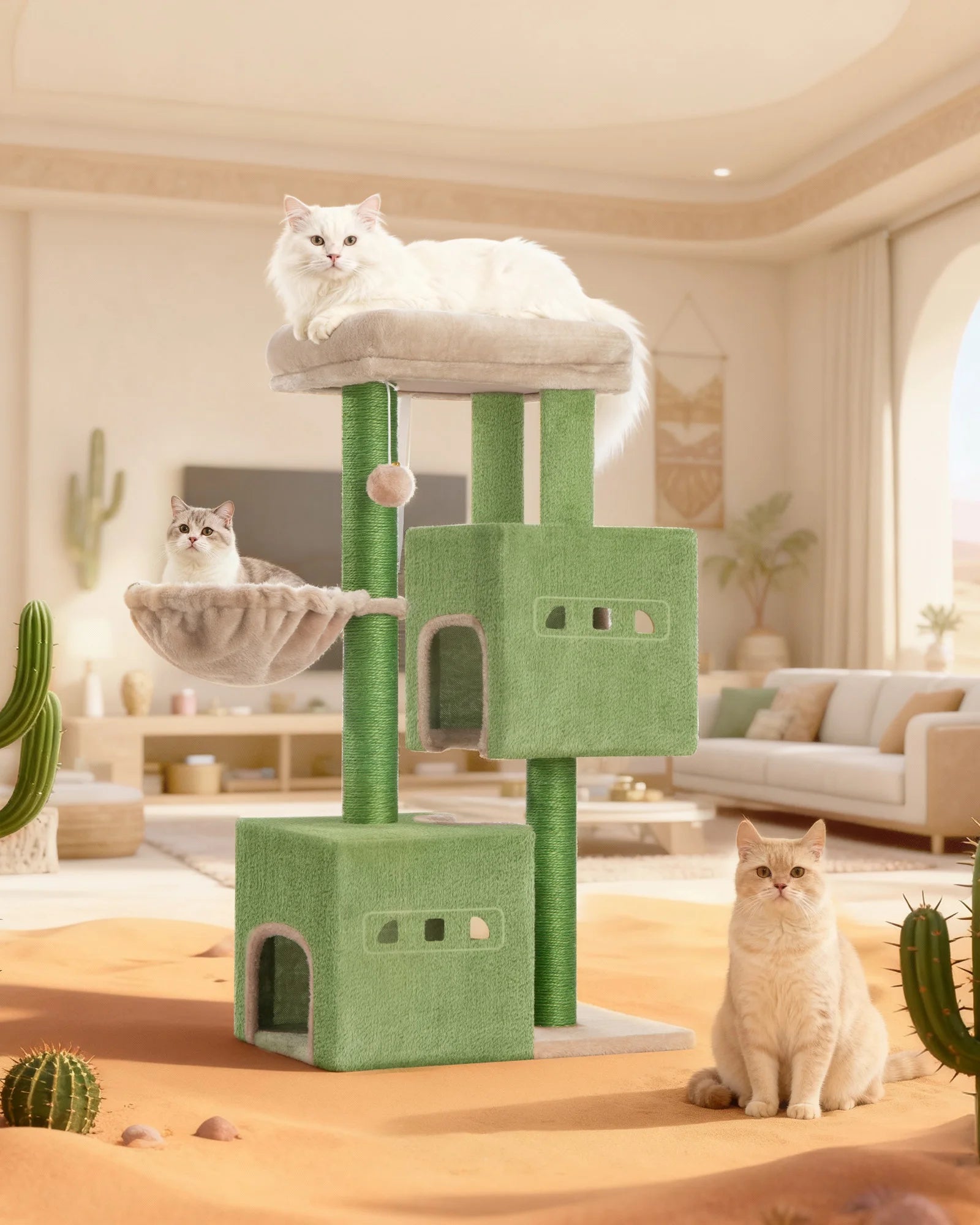 Krabpaal 98 cm – Stabiele Kattenboom met Grote Ligplek, 2 Holletjes, Sisal Krabpalen & Speelballen – Ideaal voor Meerdere Katten