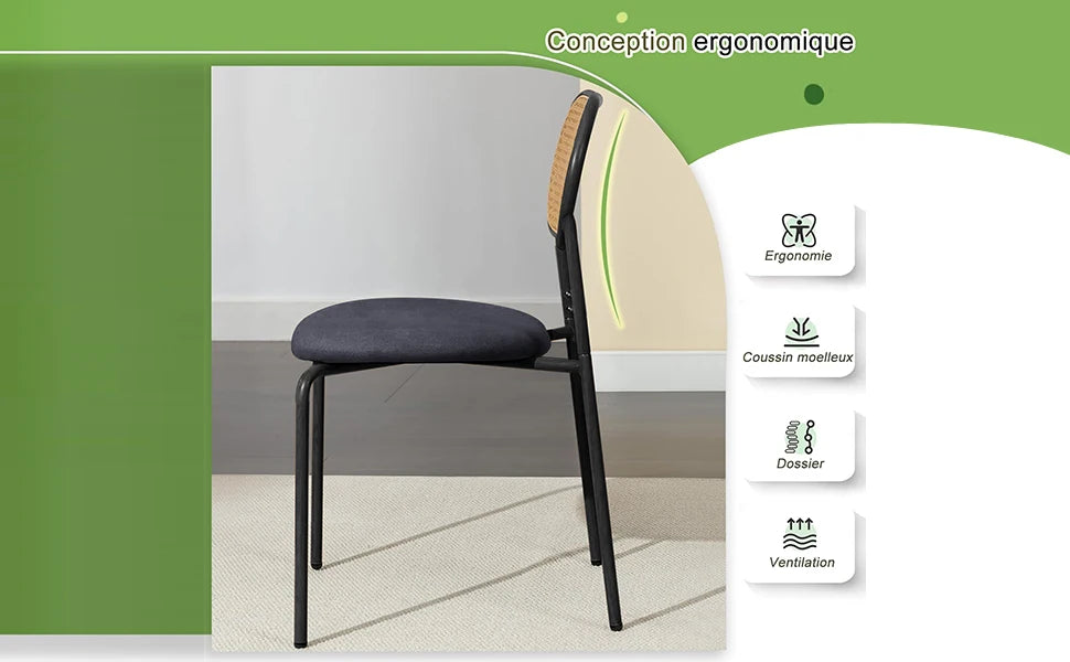 Retro Eetkamerstoelen Set van 2 met Rieten Rugleuning – Comfortabele Gestoffeerde Zitting, Stevig IJzeren Frame, Antislipvoetjes – Voor Keuken, Eetkamer & Terras
