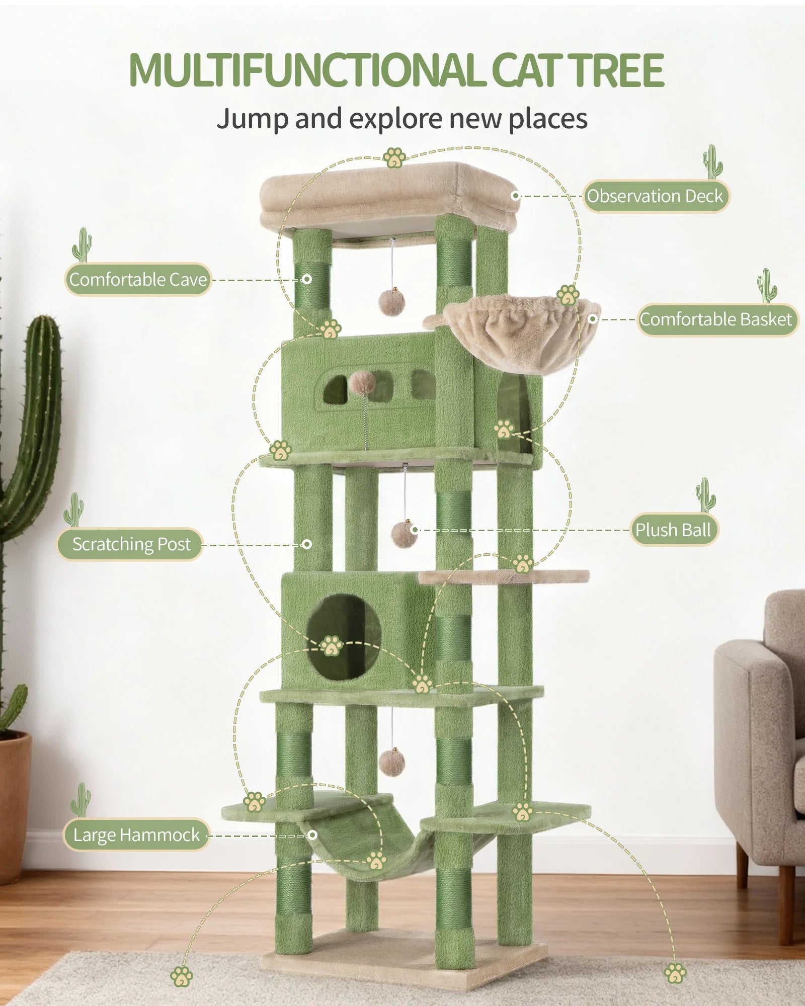 Grote 170 cm Kattenboom met 8 Krabpalen – Luxe Kattenhuis voor Grote en Meerdere Katten