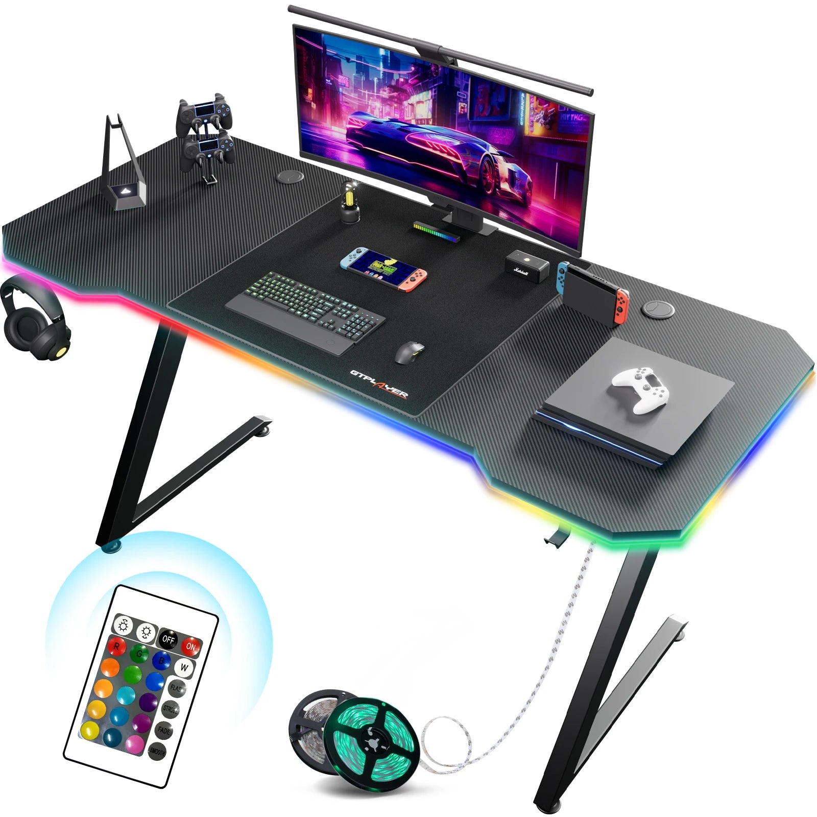 Gaming Bureau 120x60 cm met LED Verlichting & Stopcontact – Carbon Fiber Werkblad en Z-Frame