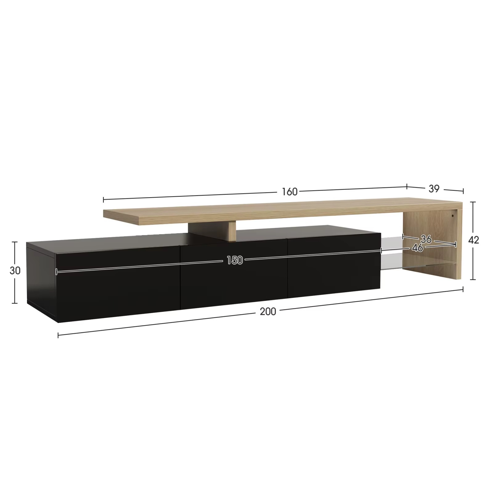 Moderne TV-Meubel 200×42×39 cm – Hoogglans Lowboard met LED & Glazen Planken