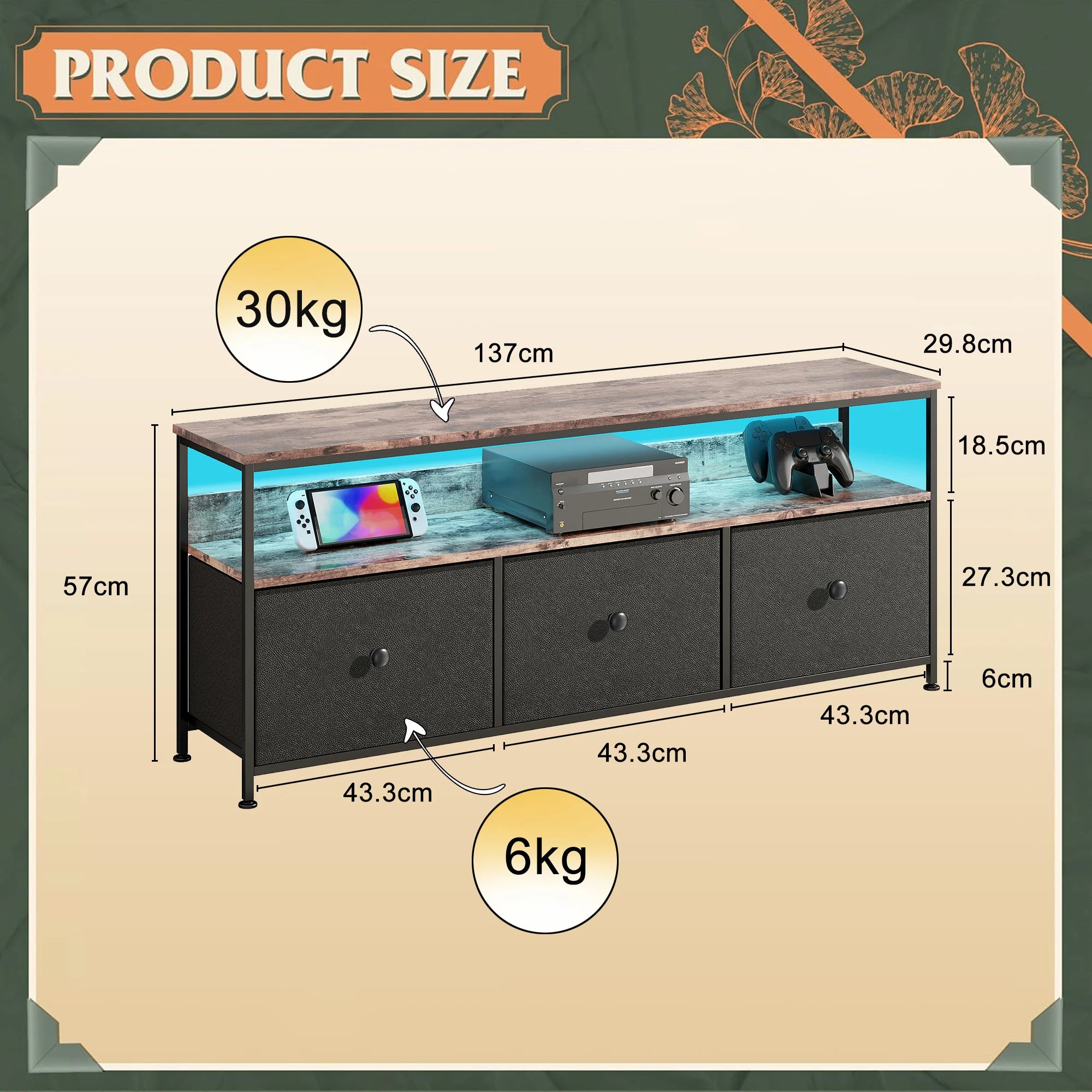 Vintage LED TV‑Meubel met 3 Stoffen Lades – Industrieel & Retro Design