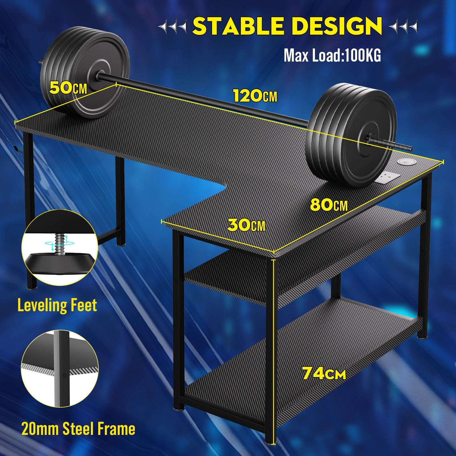 Gaming Bureau L-Vorm 120 cm met USB & Stopcontact – Hoekbureau met Opbergplanken – Water- & Krasbestendig