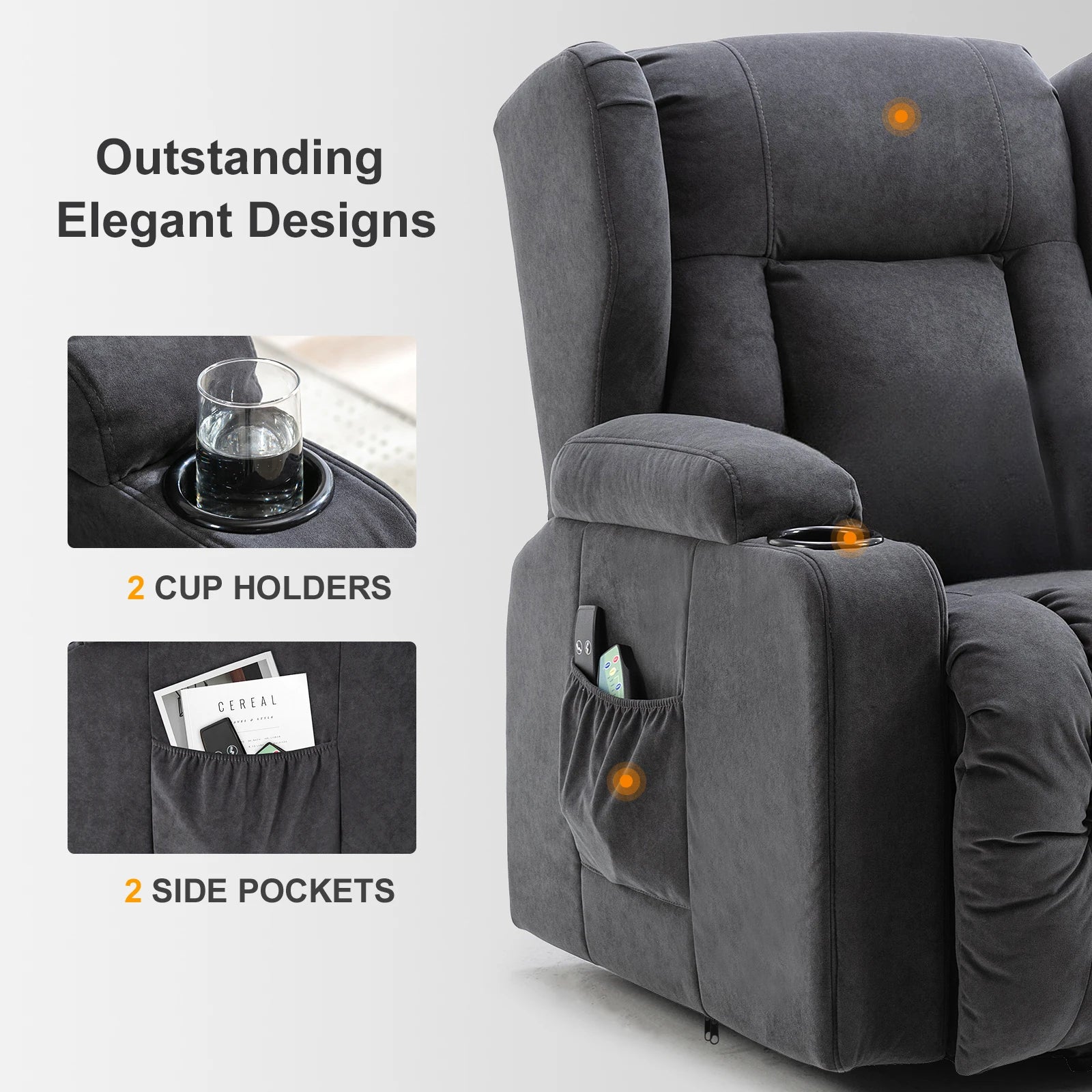 Elektrische Relaxfauteuil met Sta-op-Hulp, Massagefunctie & Stoffen Bekleding – TV‑stoel voor Woonkamer