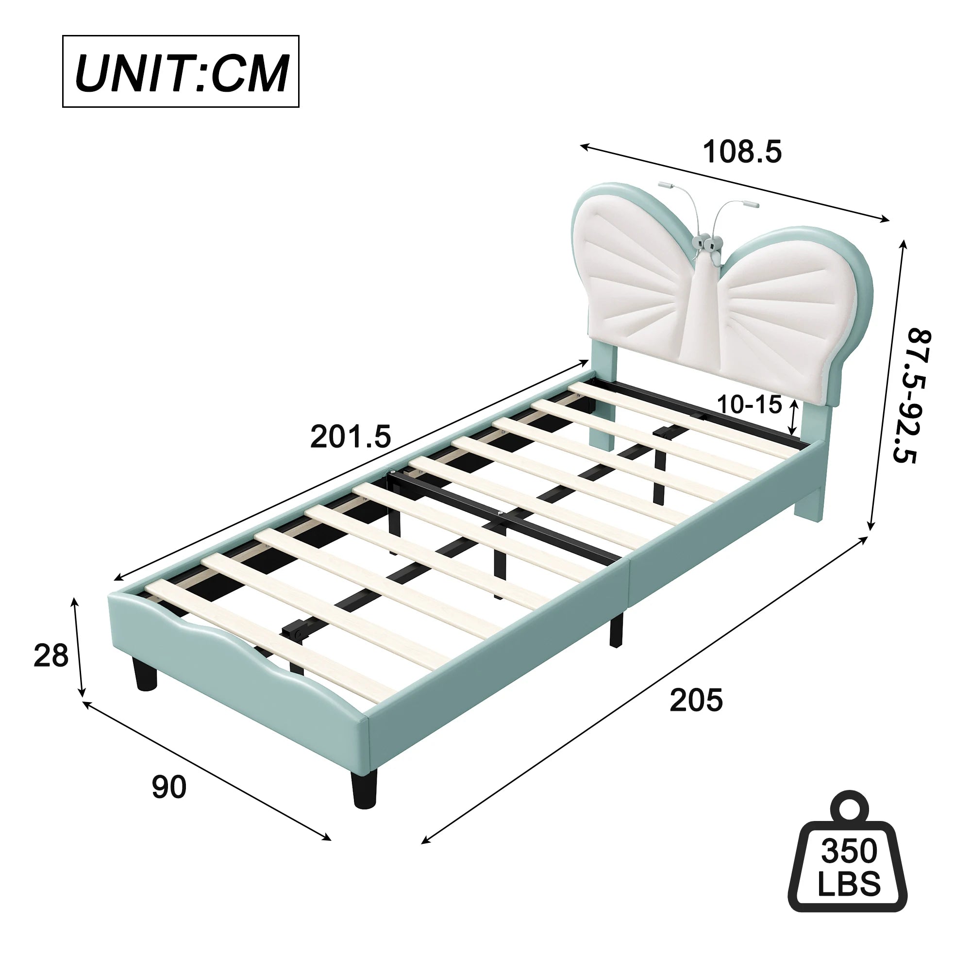 Kinderbed 90x200 cm verstelbaar hoofdeinde – meisjesbed met LED‑leeslampjes