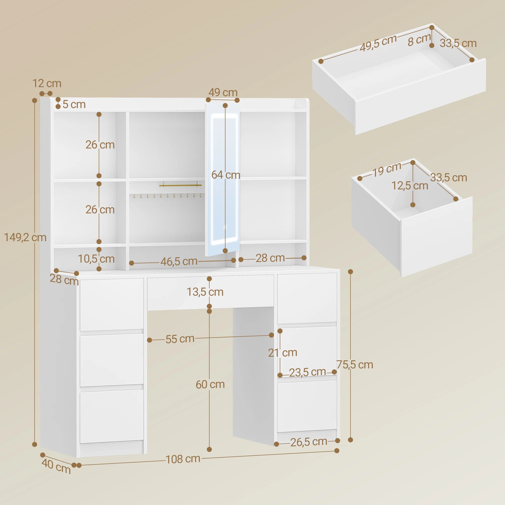 Grote Kaptafel met LED‑Spiegel en Verstelbare Verlichting – 7 Laden & 4 Open Planken – Moderne Make‑Up Tafel voor Slaapkamer