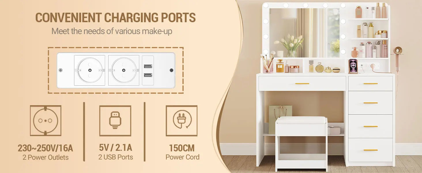 Grote Make‑up Tafel met LED Spiegel, Kruk en Oplaadstation – Moderne Schoonheidstafel voor Slaapkamer