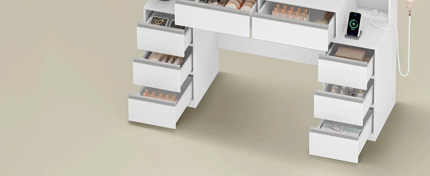 Kaptafel met Grote Spiegel en 8 Laden – Moderne Witte Make-up Tafel met Opbergruimte en Föhnhouder