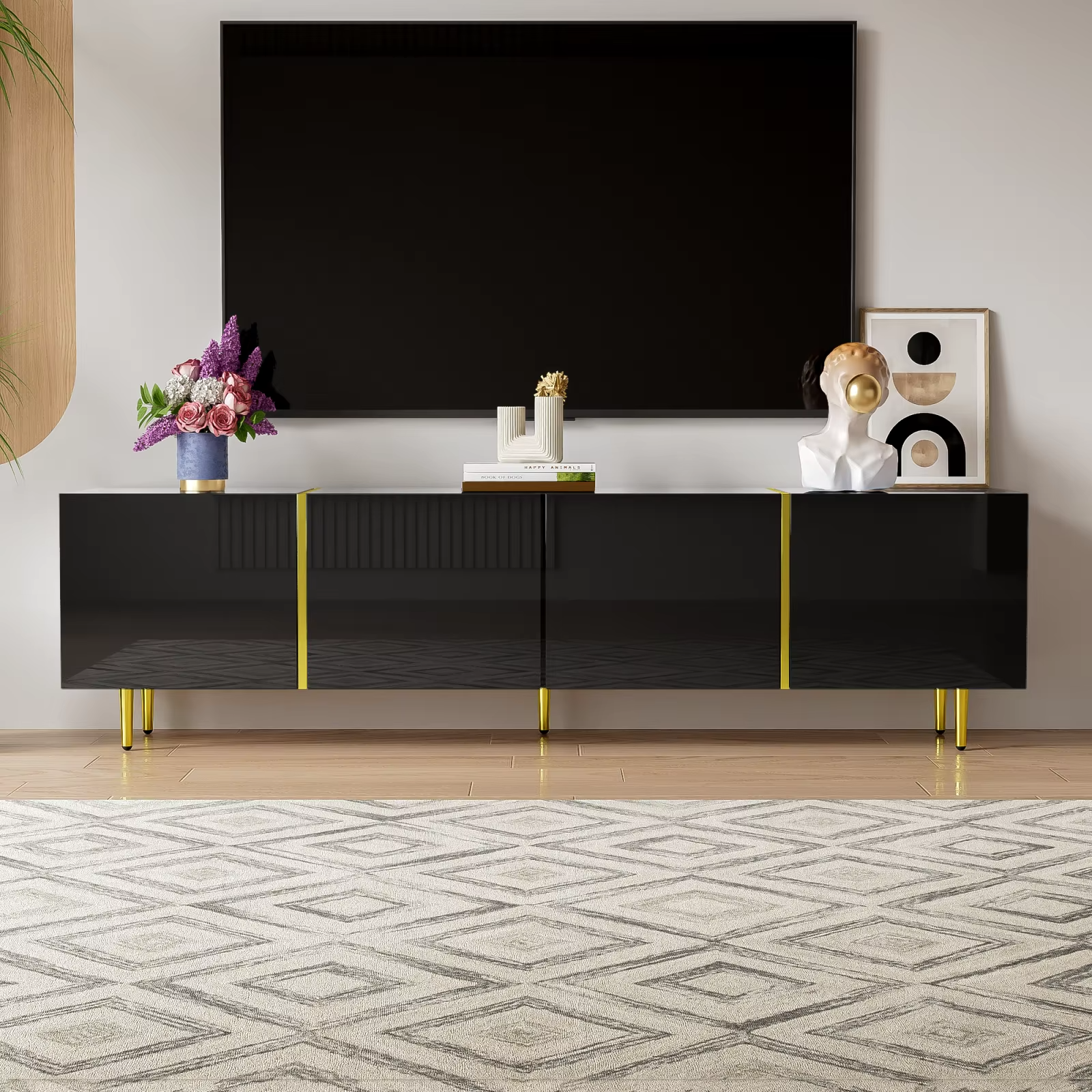 TV-Meubel Zwart Hoogglans met 4 Deuren – Moderne TV Kast met Opbergruimte en Gouden Accenten