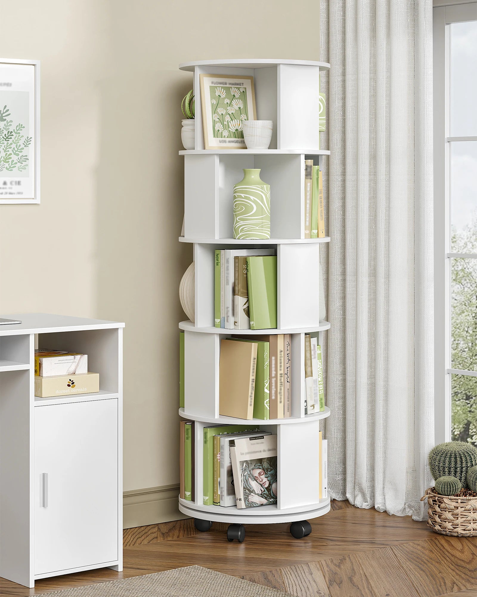 Draaibare Boekenkast 5‑Laags – 360° Roterend Boekenrek met Wielen – Wit