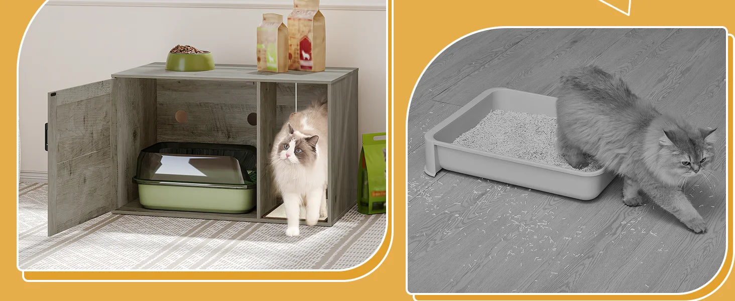 Grijze Kattenkast met Rieten Deur – Verborgen Kattenbak & Stijlvol Kattenhuis met Opbergruimte