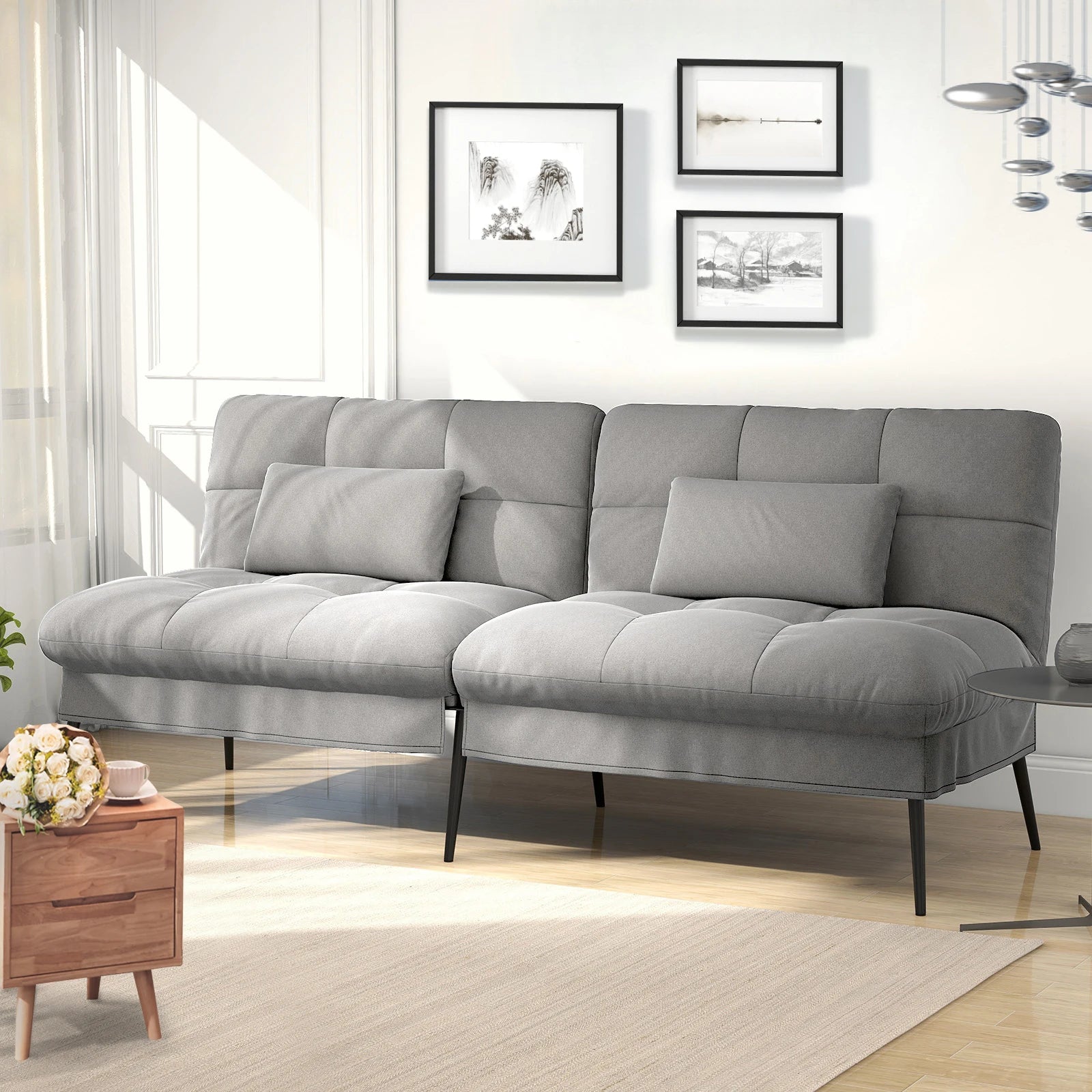 3-Zits Opvouwbare Slaapbank – Futon Hoekbank met Verstelbare Rugleuning – Grijs Stoffen Sofa Bed