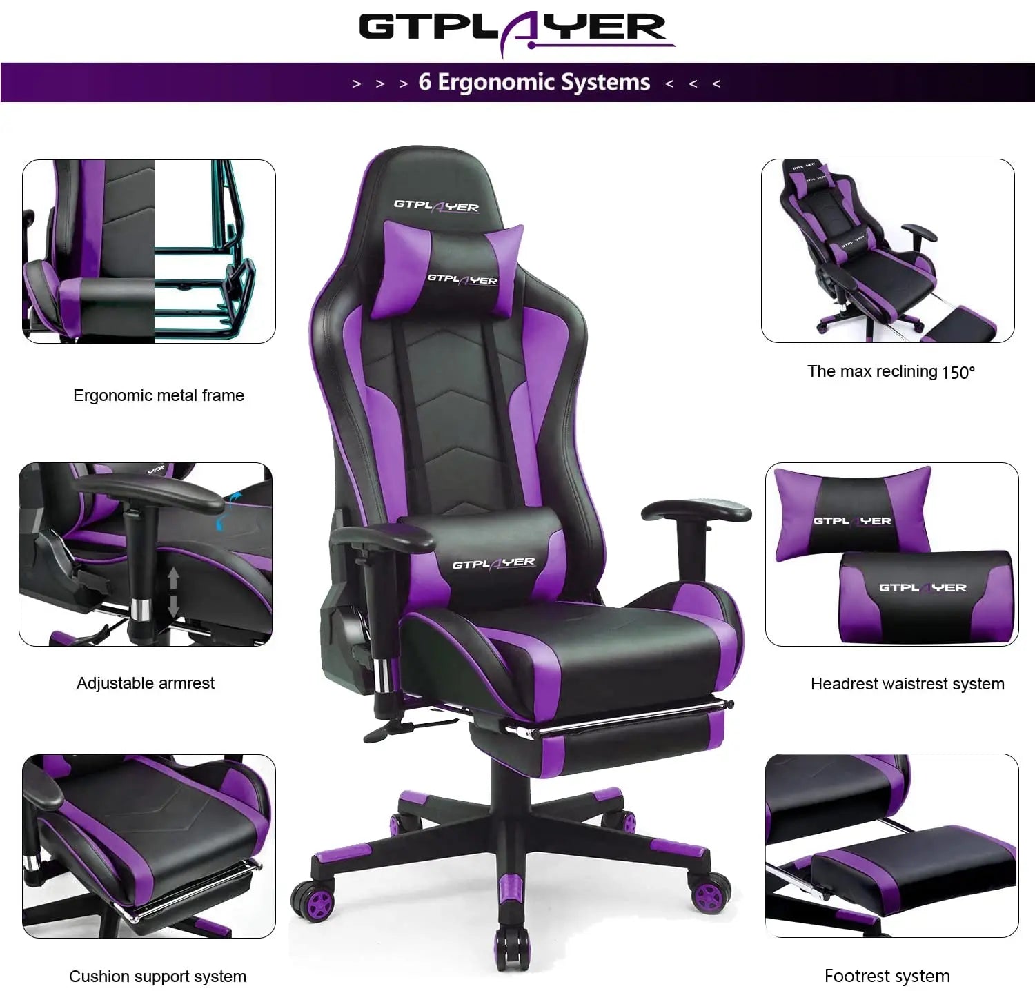Gamingstoel met Bluetooth Speakers – Ergonomische Bureaustoel met Voetensteun en PU Leer (Recline 150°)