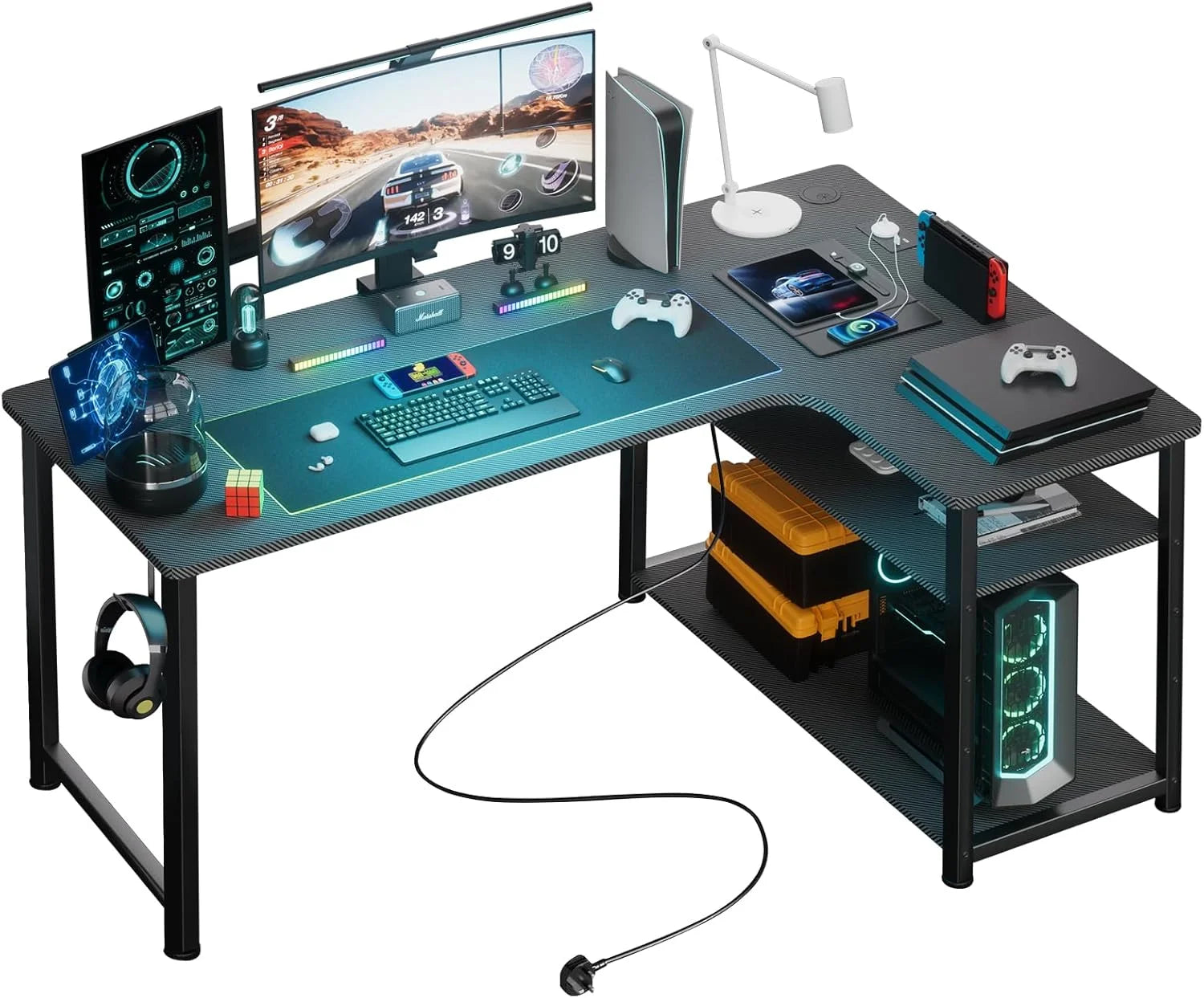 Gaming Bureau L-Vorm 120 cm met USB & Stopcontact – Hoekbureau met Opbergplanken – Water- & Krasbestendig